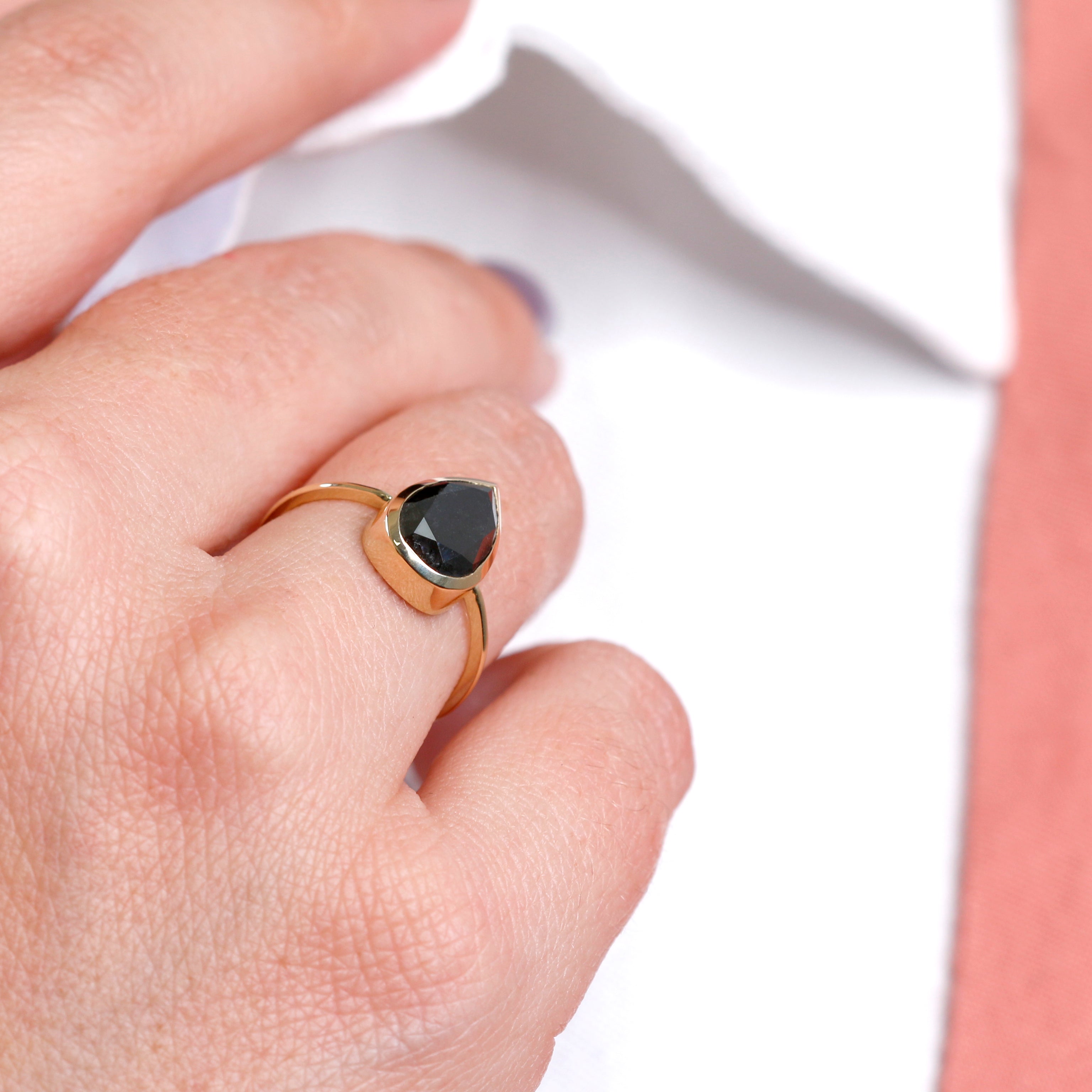 Bezel Natural Black Diamond Pear Cut Engagement Ring