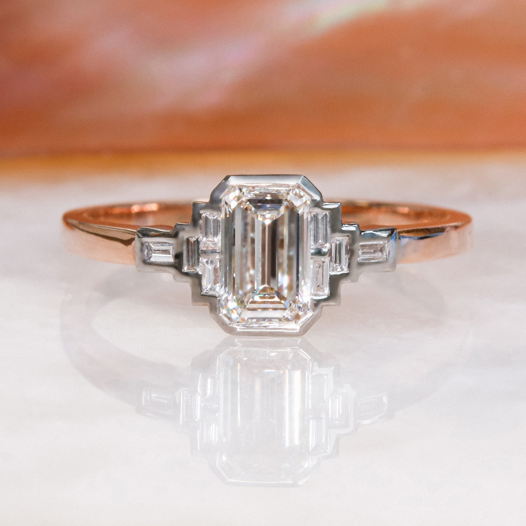 Emerald Cut & Baguette Art Deco Natural  Diamond Engagement Ring