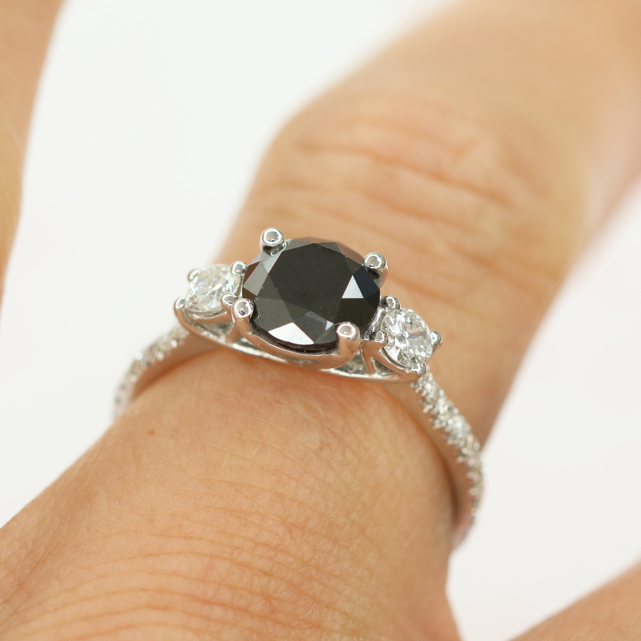 Unique  Natural Black Diamond Round Engagement Ring