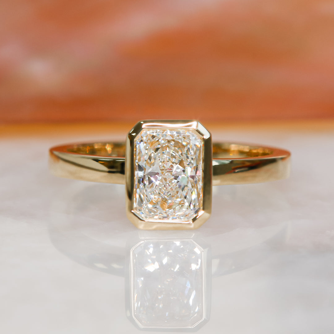 Art Deco Bezel Natural Radiant Cut Diamond Engagement Ring
