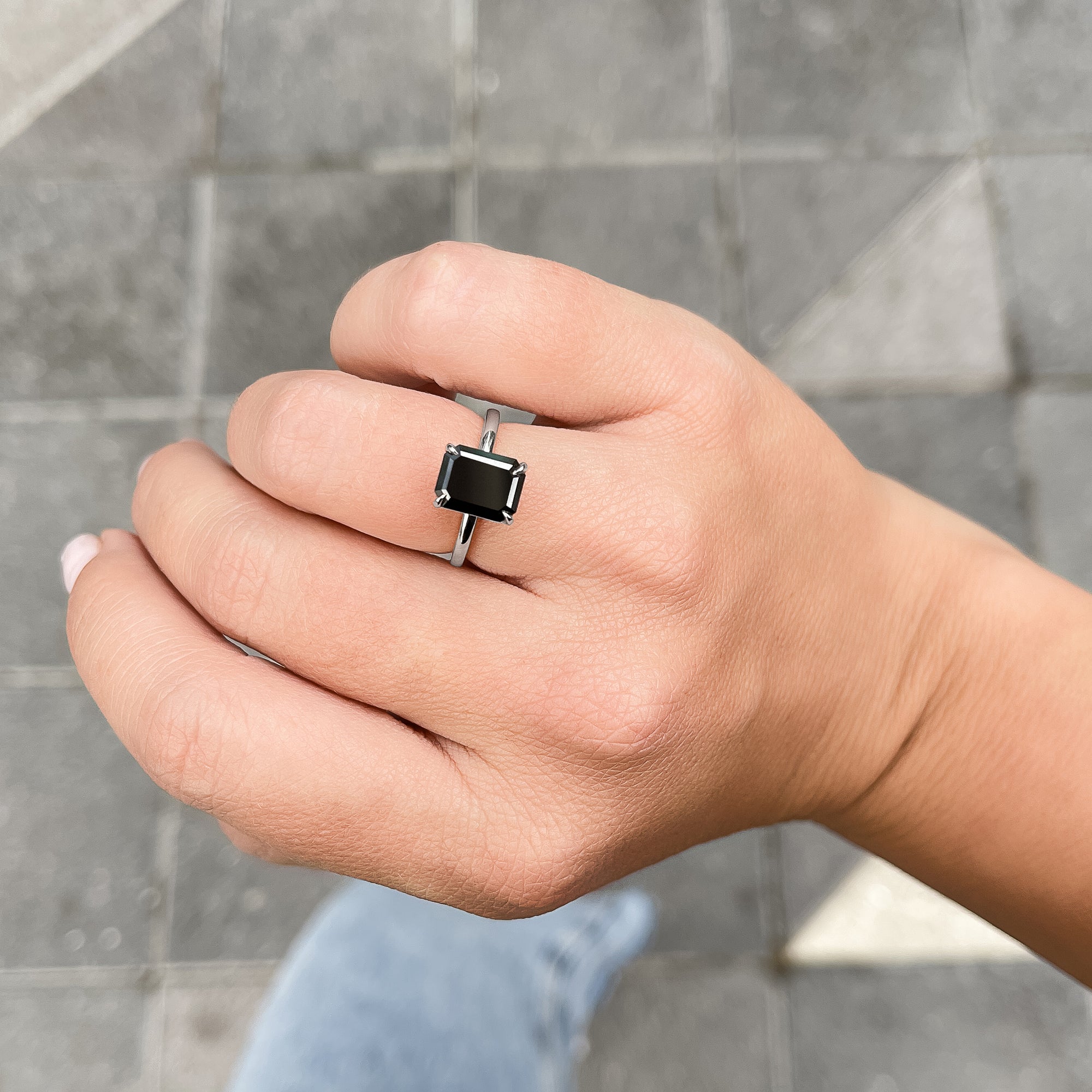 Solitaire  Natural Black Diamond Emerald Cut Engagement Ring