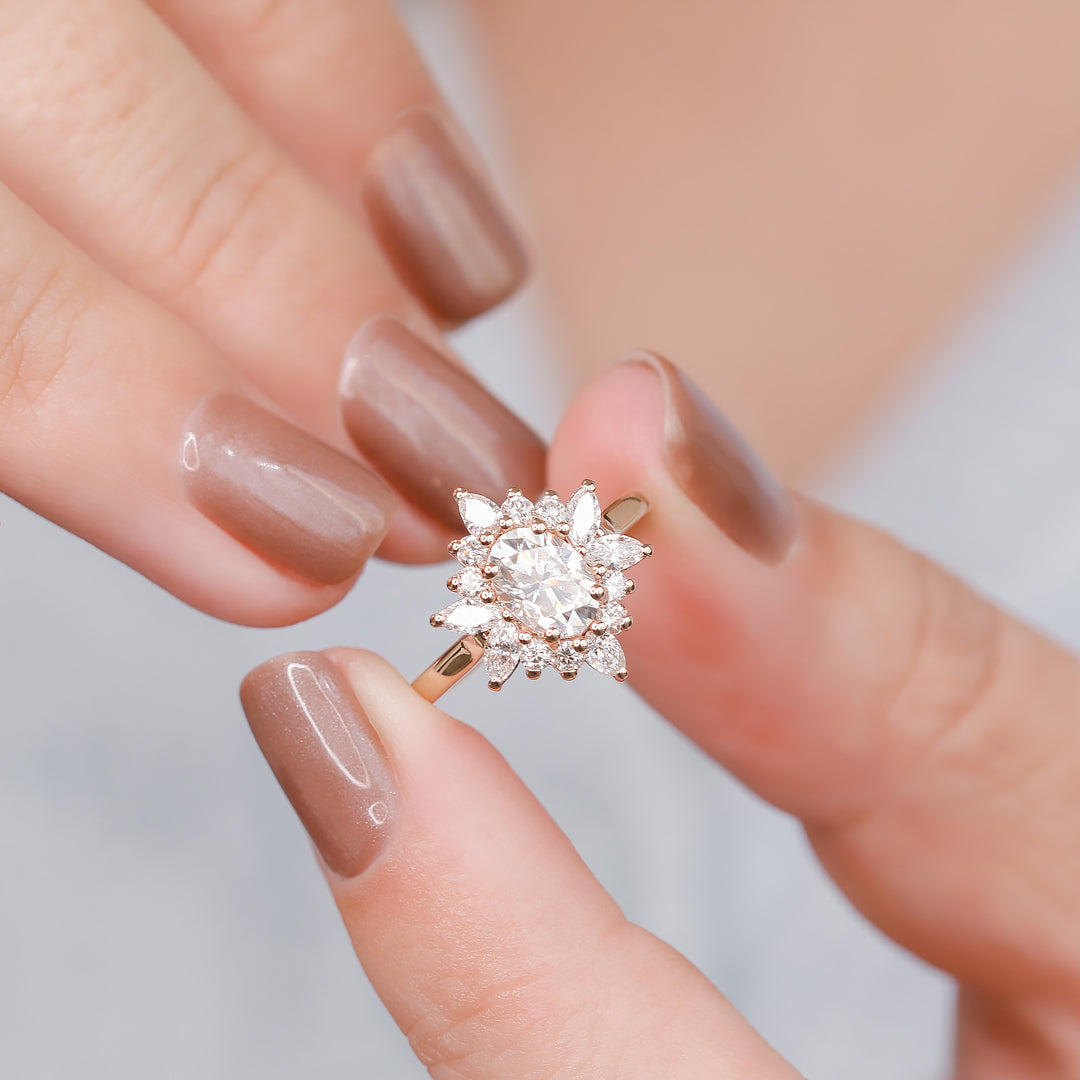 Floral Natural Oval Cut Diamond Engagement Ring