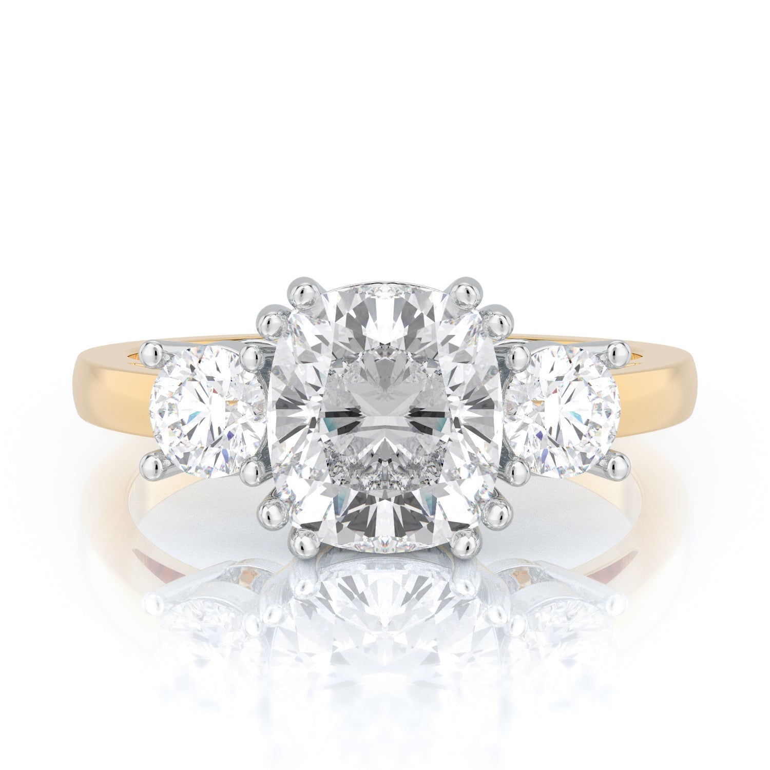 Three-Stone Two-Tone Natural Cushion Cut Diamond Engagement Ring