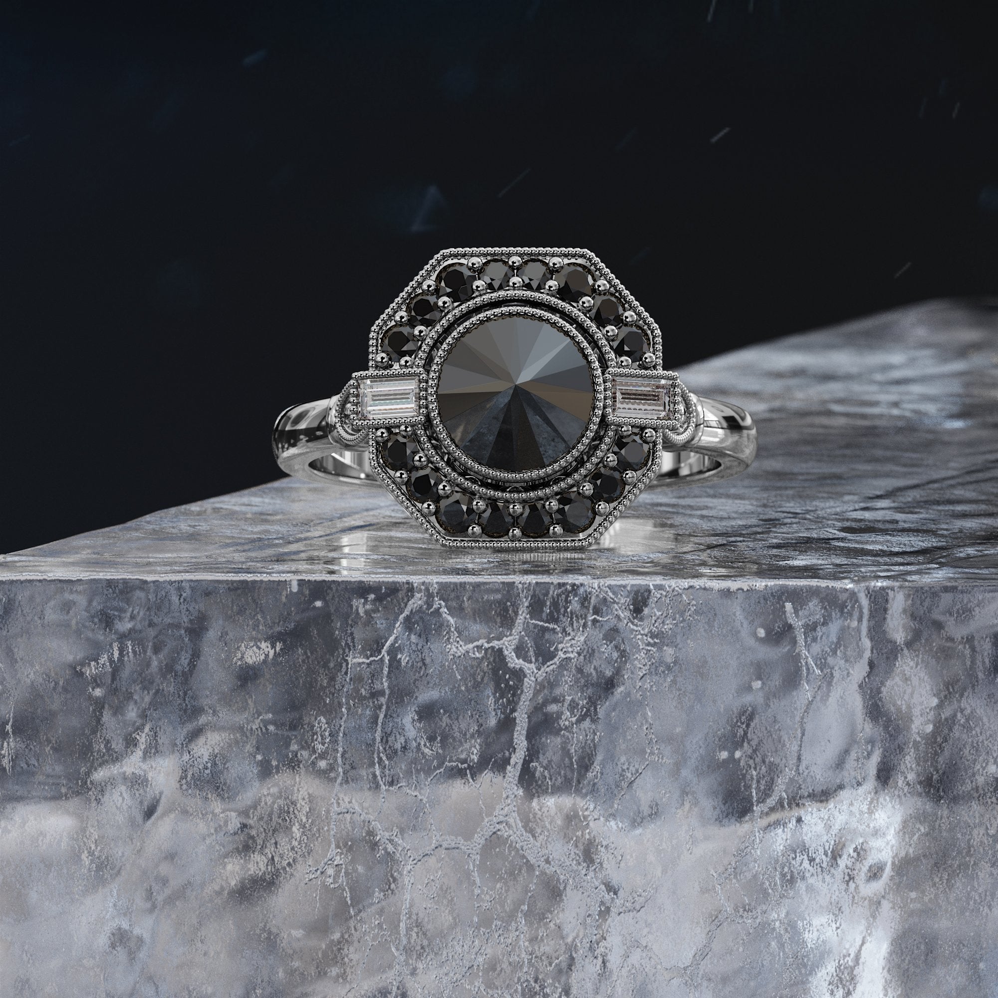 Inverted  Natural Black & White Baguette Diamond Ring