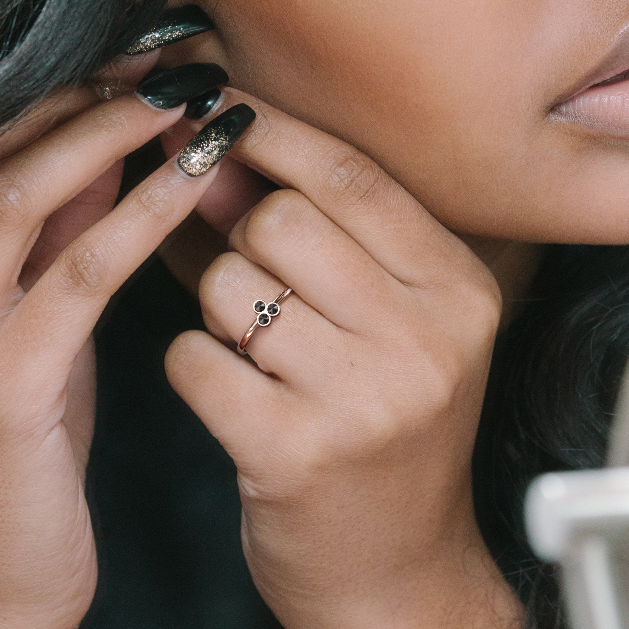 Wild's Triplet - Inverted Natural Black Round cut Diamond Ring in Rose Gold