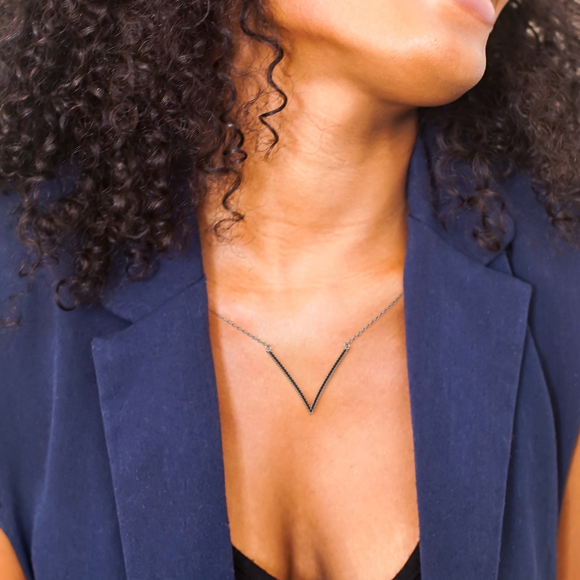 Chevron Natural Black Diamond Alternative Pendant with a White Necklace