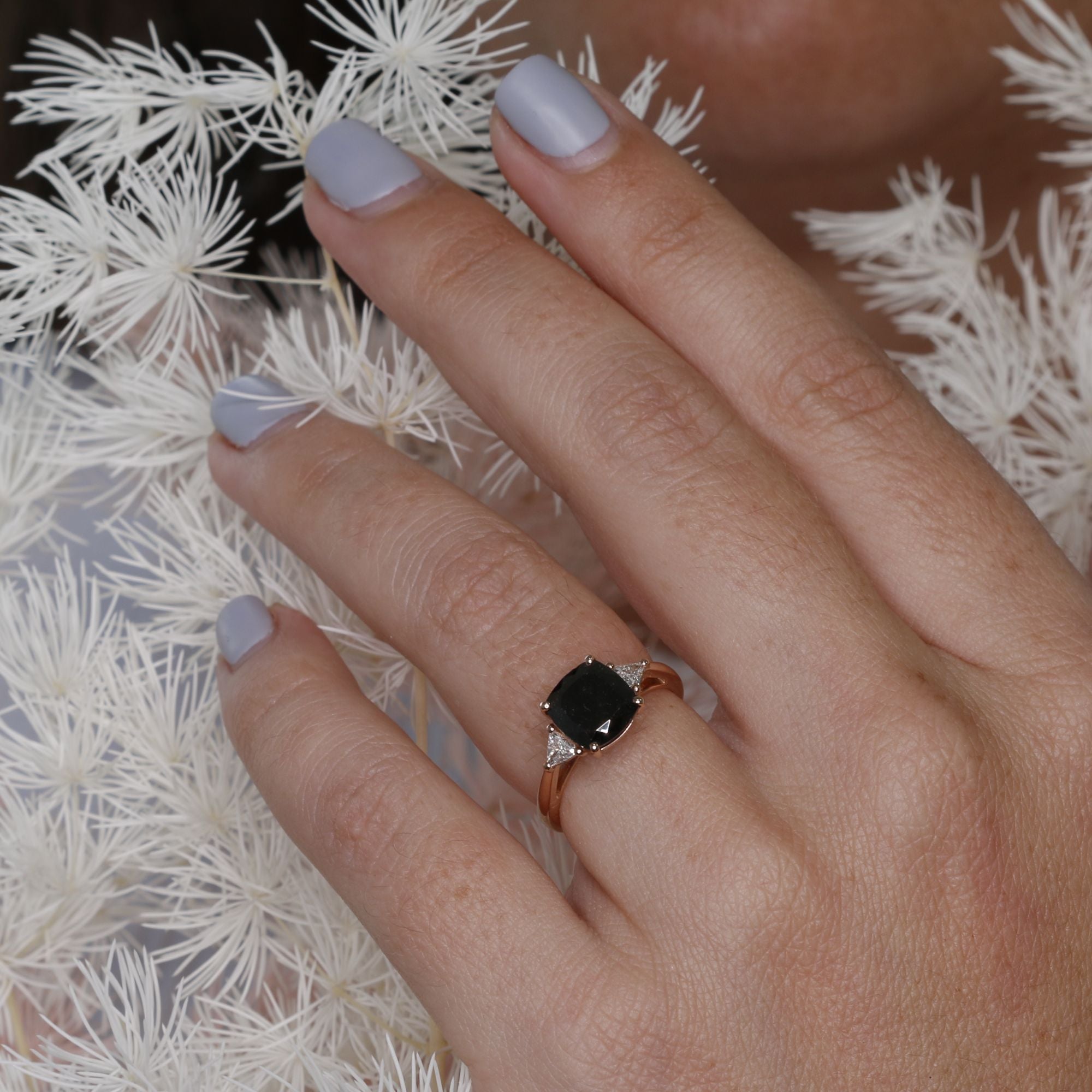 Unique  Natural Black Diamond Cushion Engagement Ring