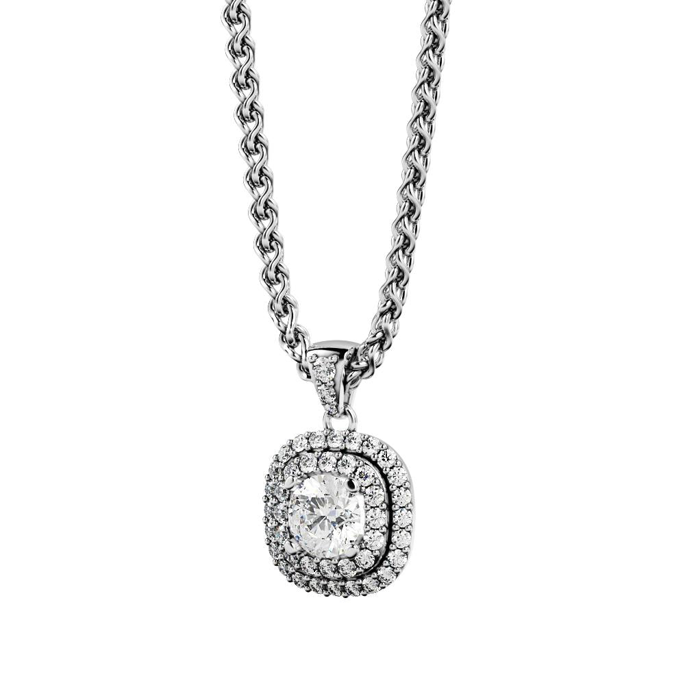 Natural Diamond Double Halo Pendant with a White Necklace