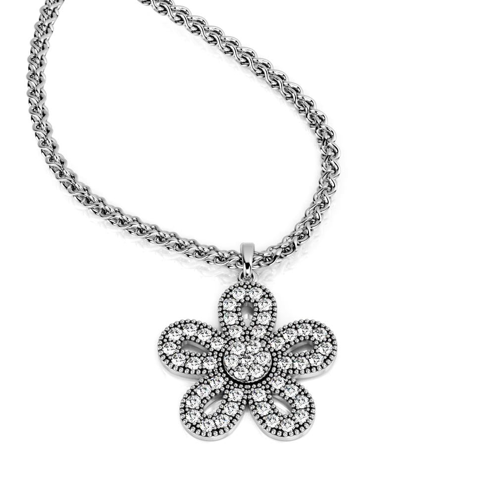 Floral Natural Diamond Pendant with a White Necklace