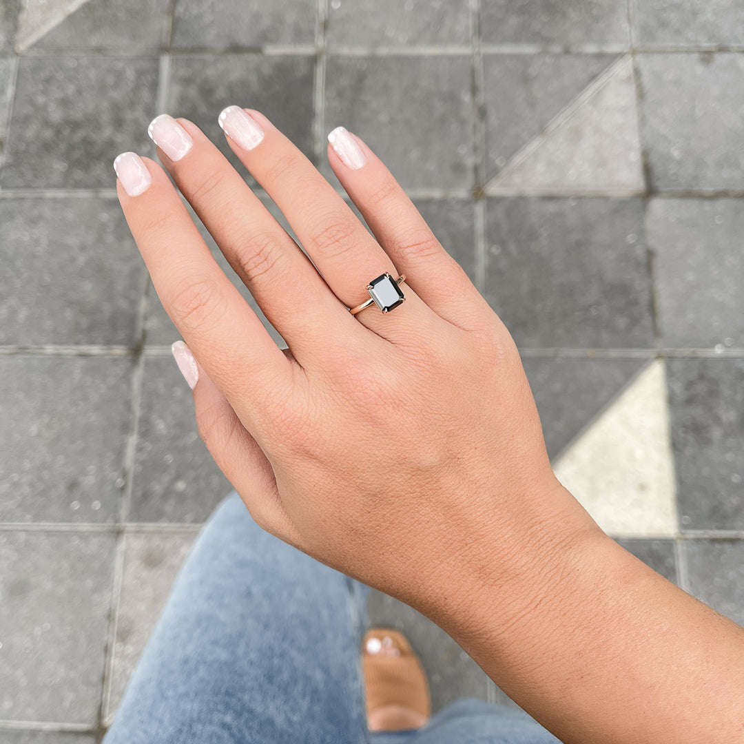 Natural Black Diamond Emerald Cut Engagement Ring