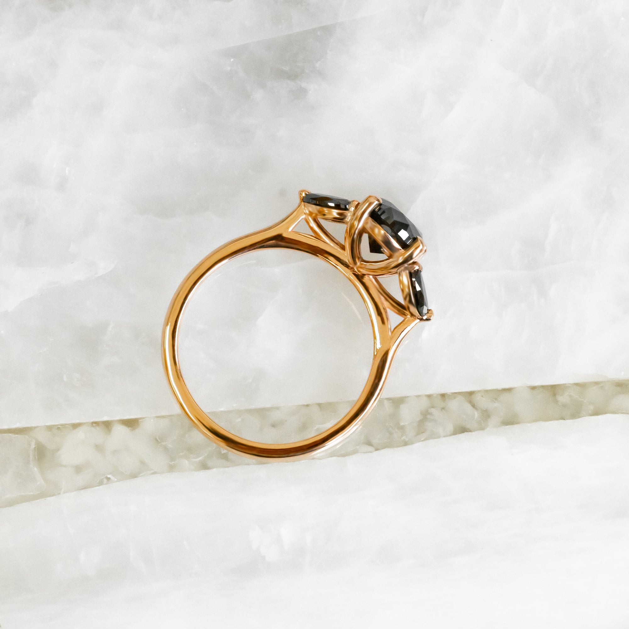 Rosette - Floral Natural Black Diamond Oval Engagement Ring