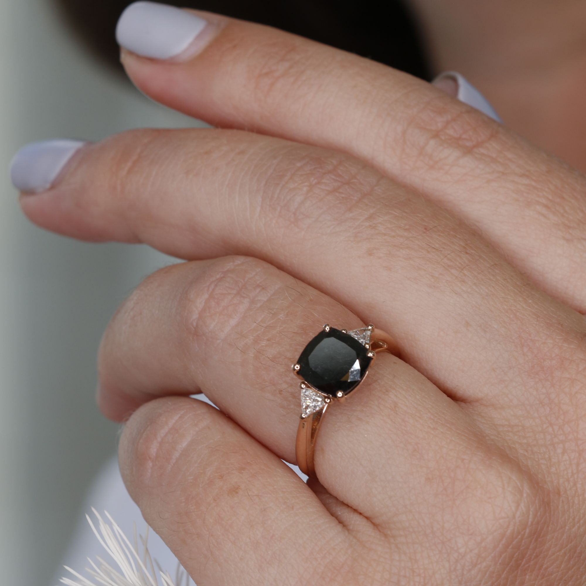 Unique  Natural Black Diamond Cushion Engagement Ring