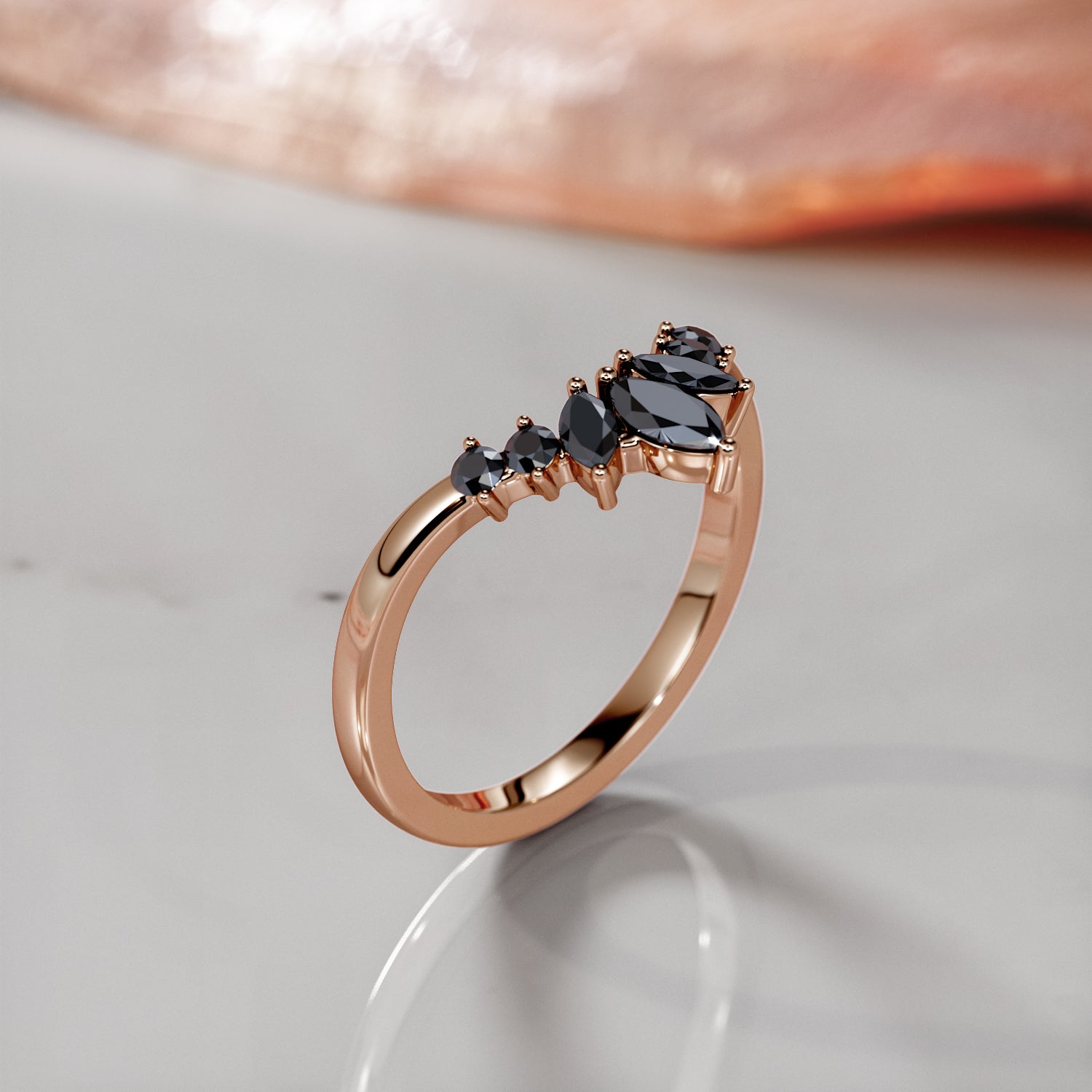 Floral Wedding Ring with Round & Marquise Cut Natural Black Diamonds