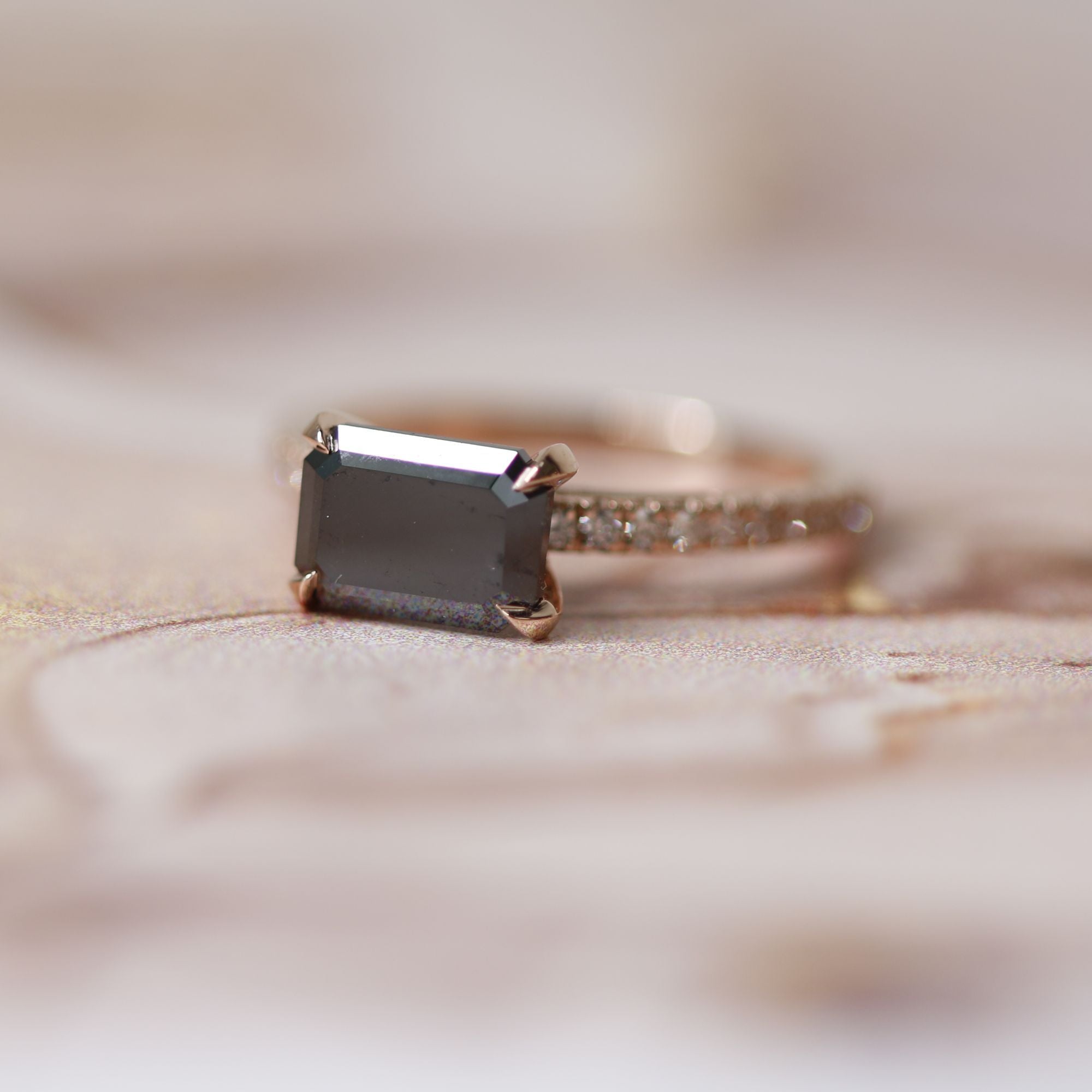 Unique  Natural Black Diamond Emerald Engagement Ring