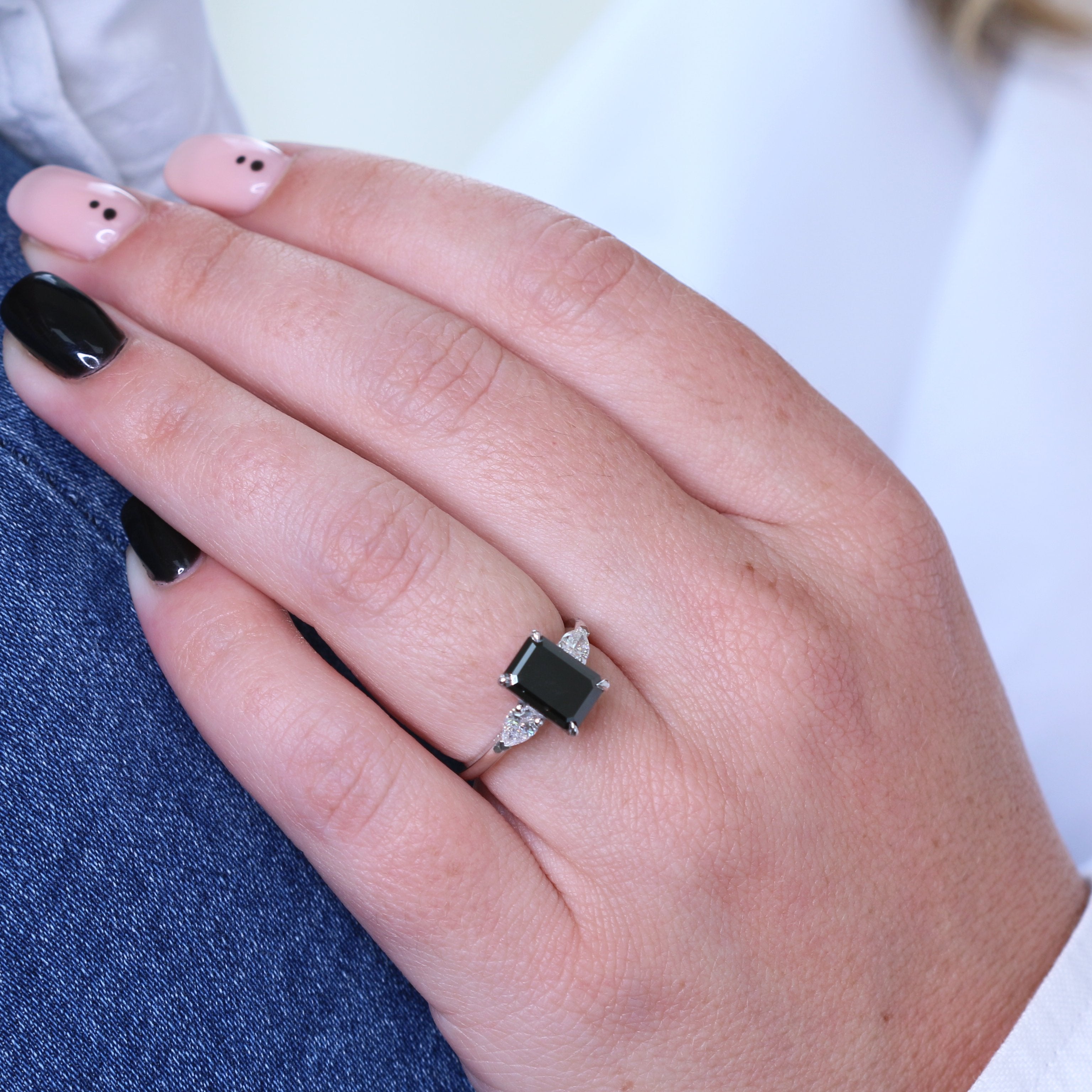 Unique  Natural Black Diamond Emerald Engagement Ring