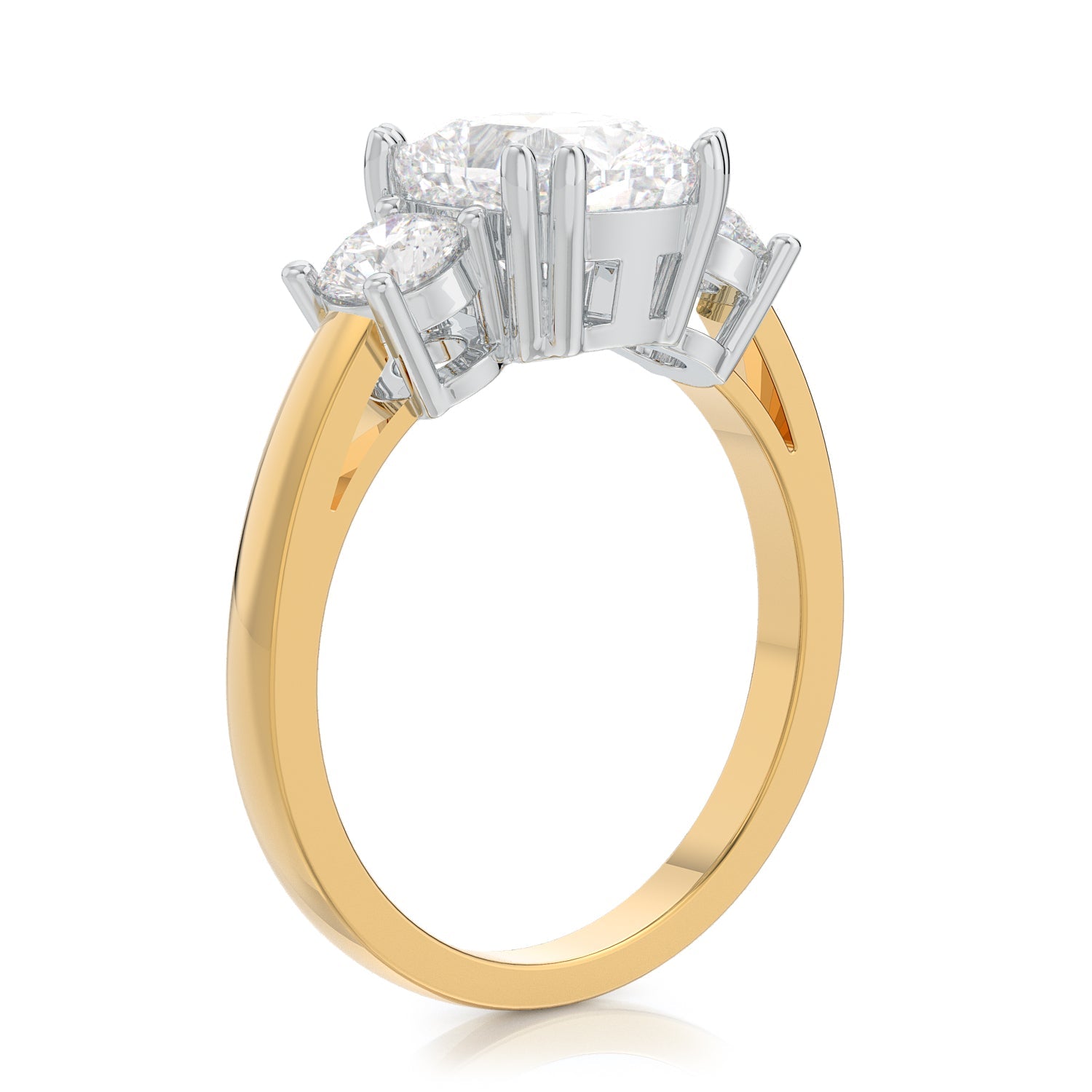 Three-Stone Two-Tone Natural Cushion Cut Diamond Engagement Ring