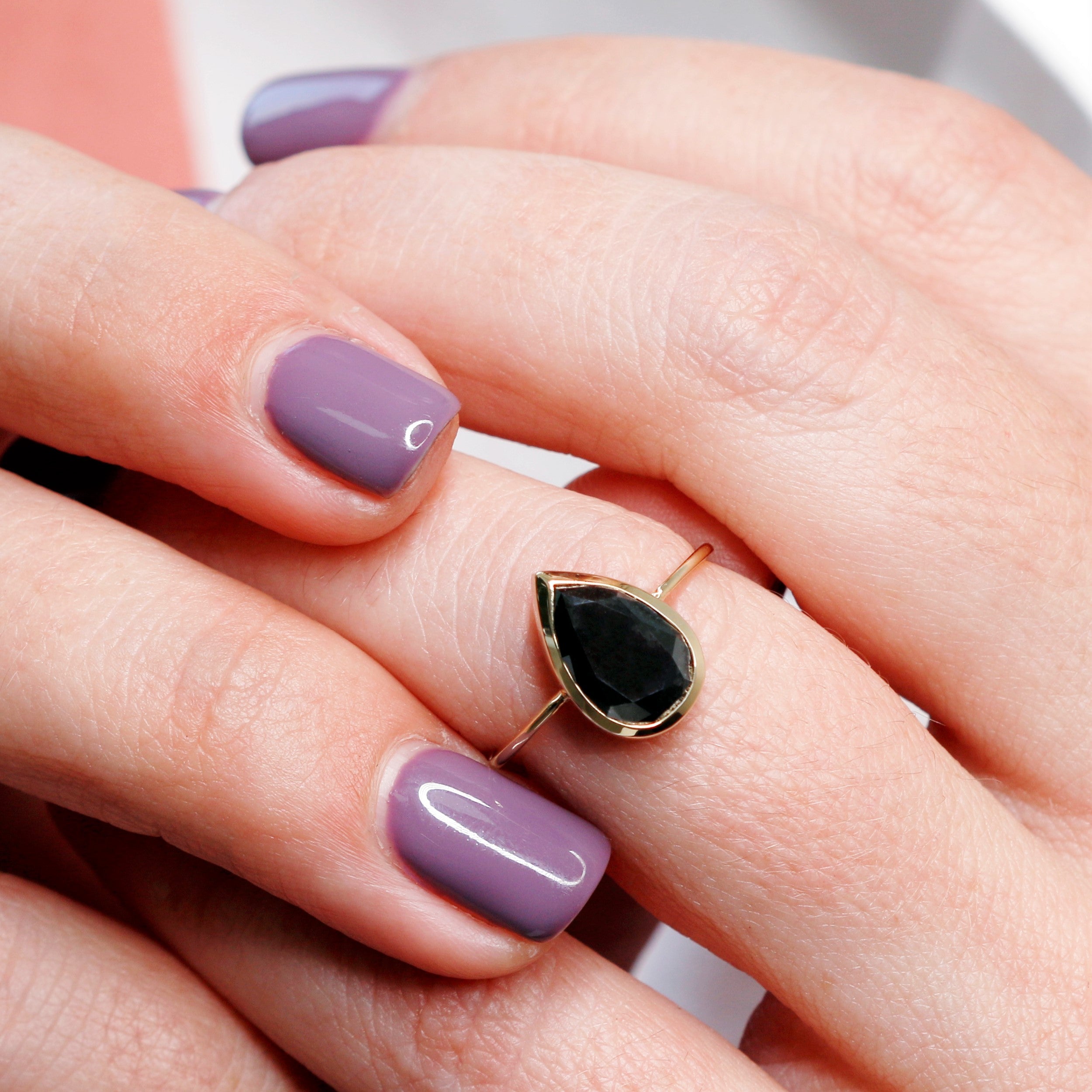 Bezel Natural Black Diamond Pear Cut Engagement Ring