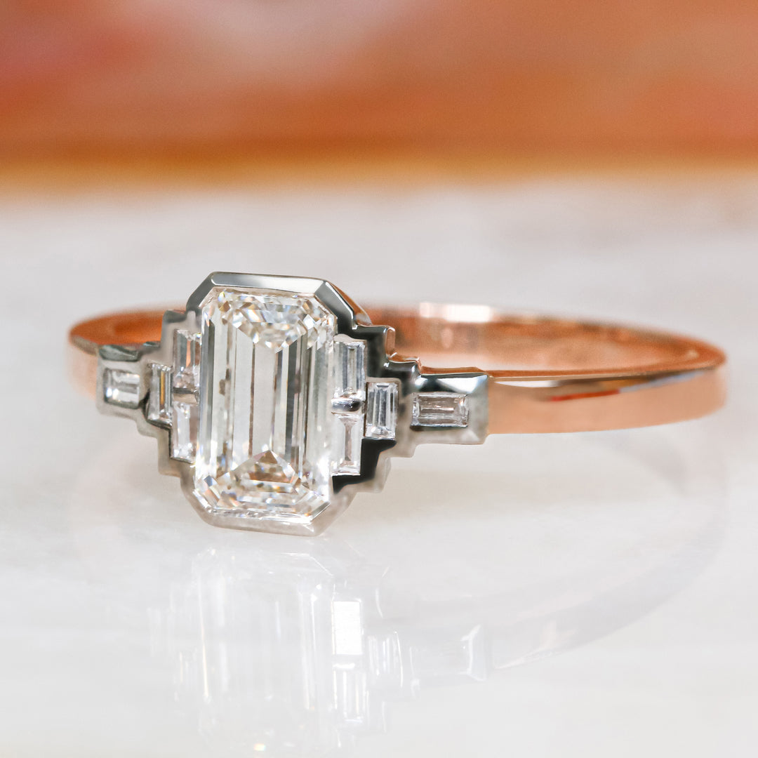Emerald Cut & Baguette Art Deco Natural  Diamond Engagement Ring