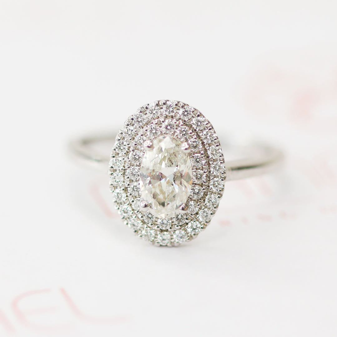 Double Halo Natural Oval Cut Diamond Engagement Ring