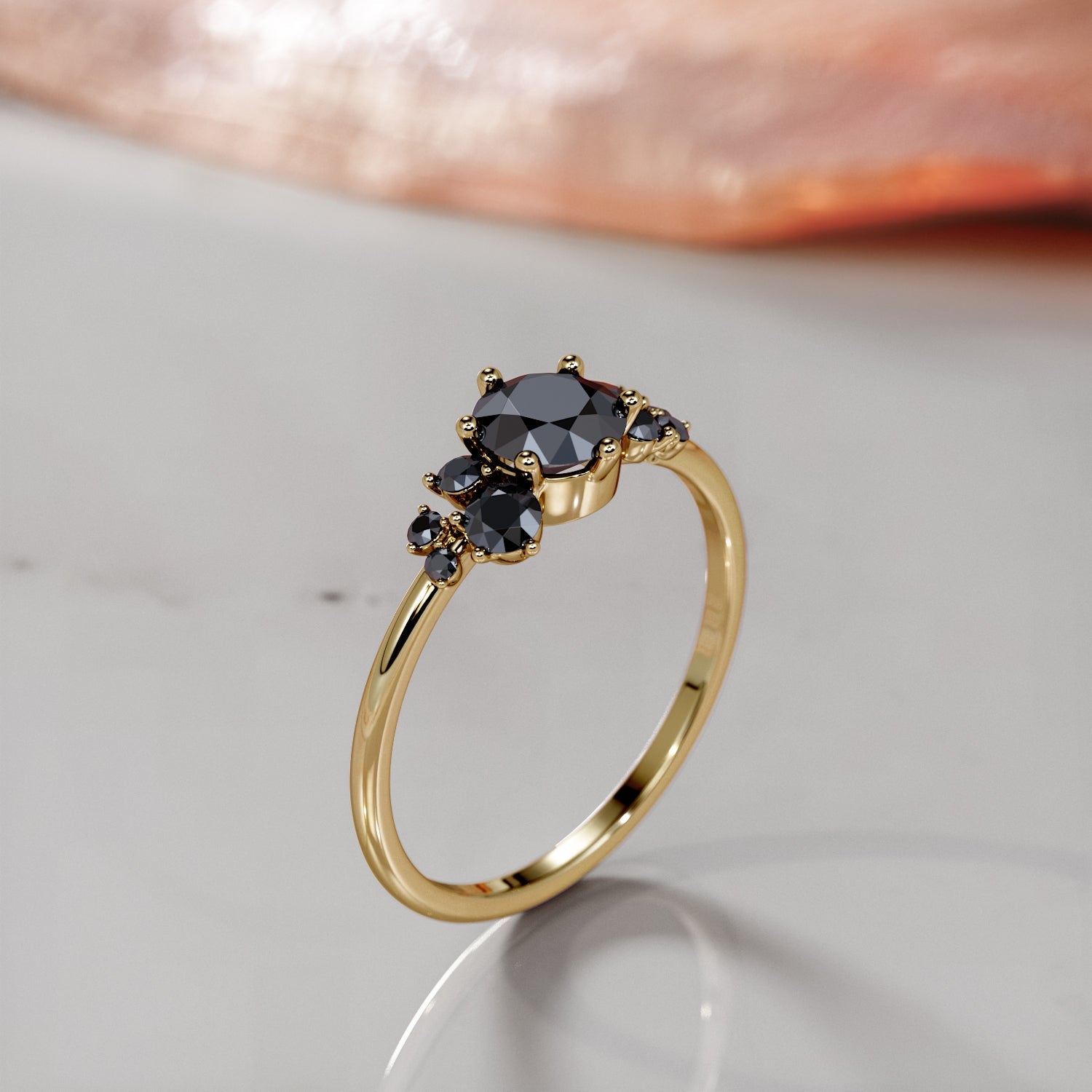 Cluster Natural Black Diamond Round Engagement Ring