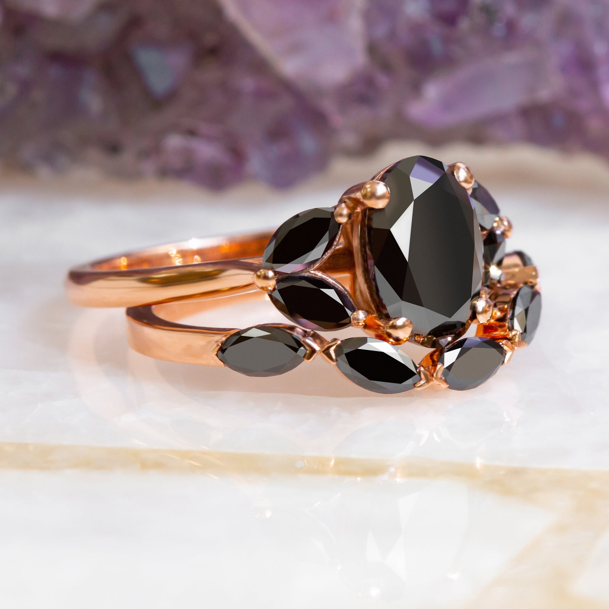 Curved Wedding Ring with Marquise Cut Natural Black Diamonds