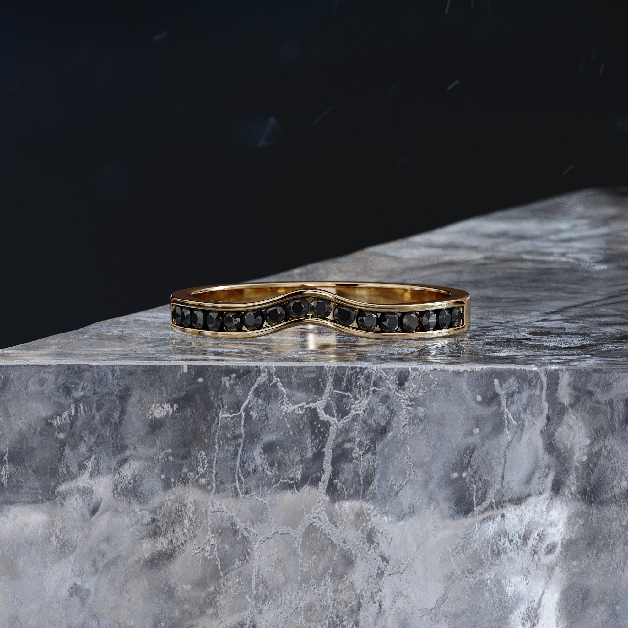 Wedding Ring with Cut Natural Black Diamonds