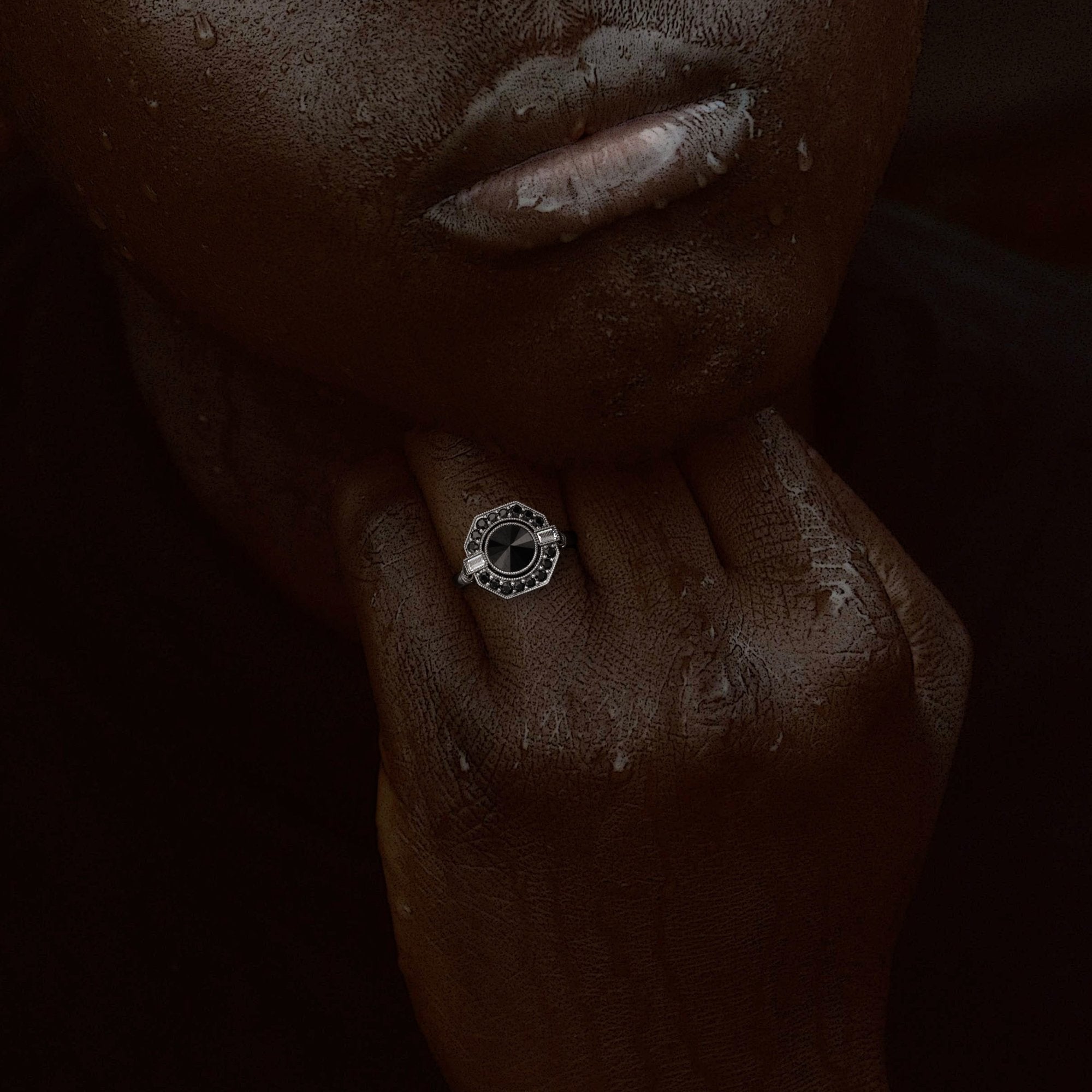 Inverted  Natural Black & White Baguette Diamond Ring
