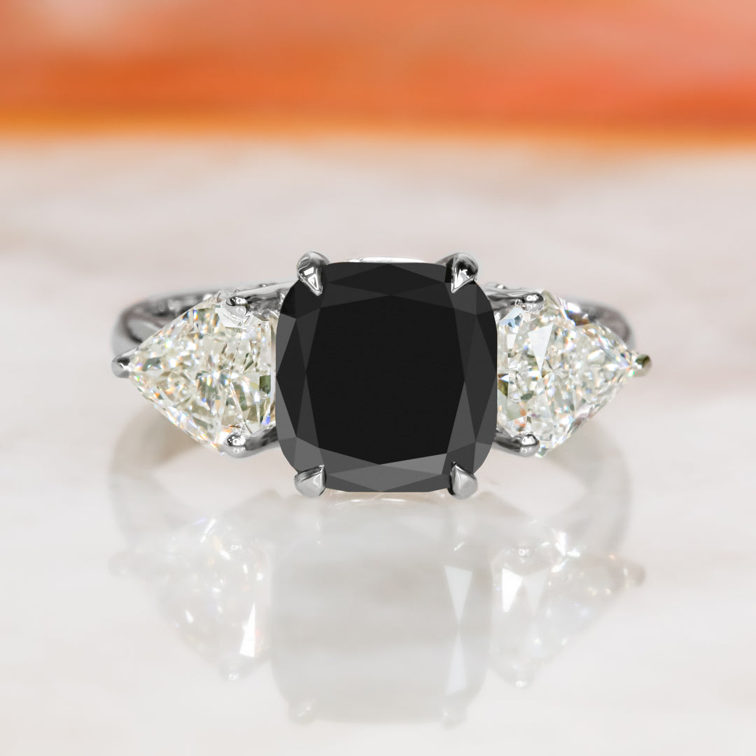 Three Stone  Natural Black Diamond Cushion