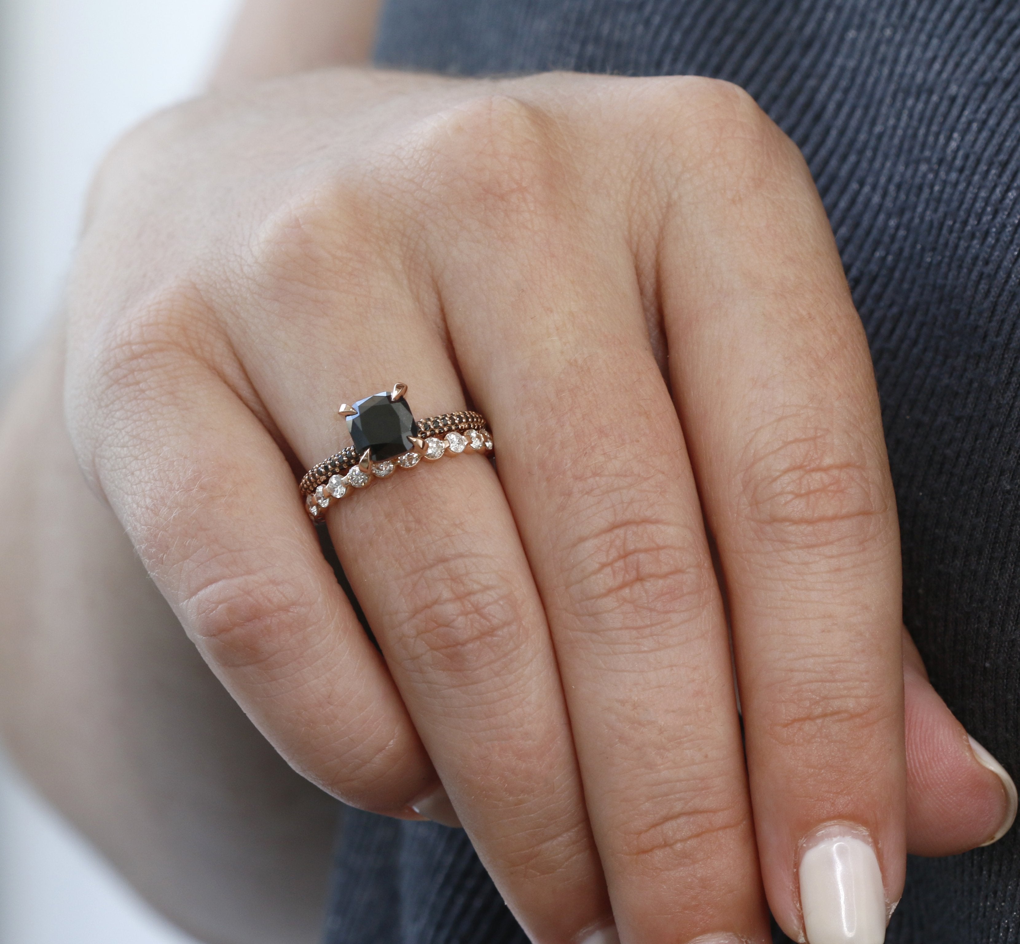 Unique  Natural Black & White Diamond Cushion Cut Engagement Ring