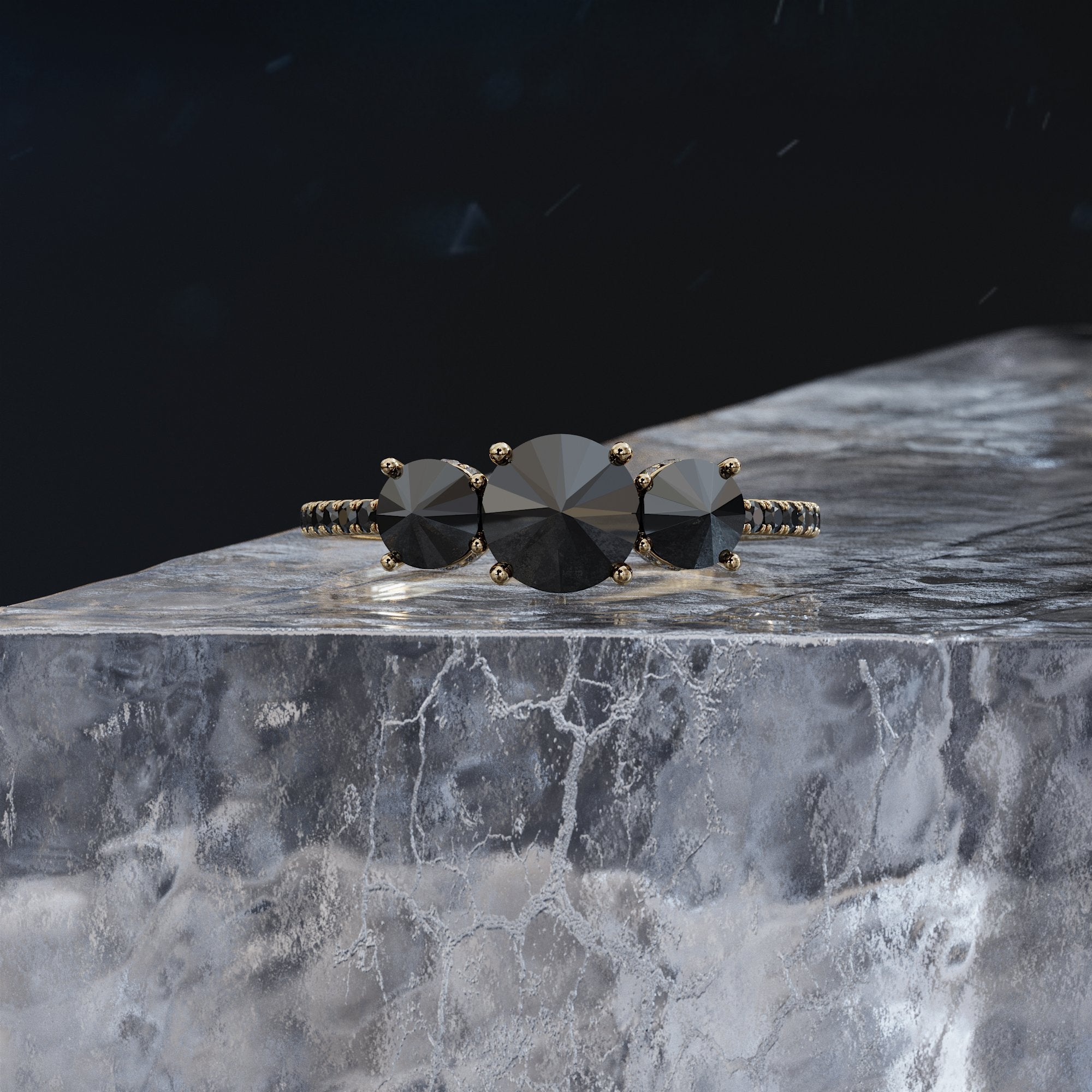 Unique  Natural Black Diamond Round Engagement Ring