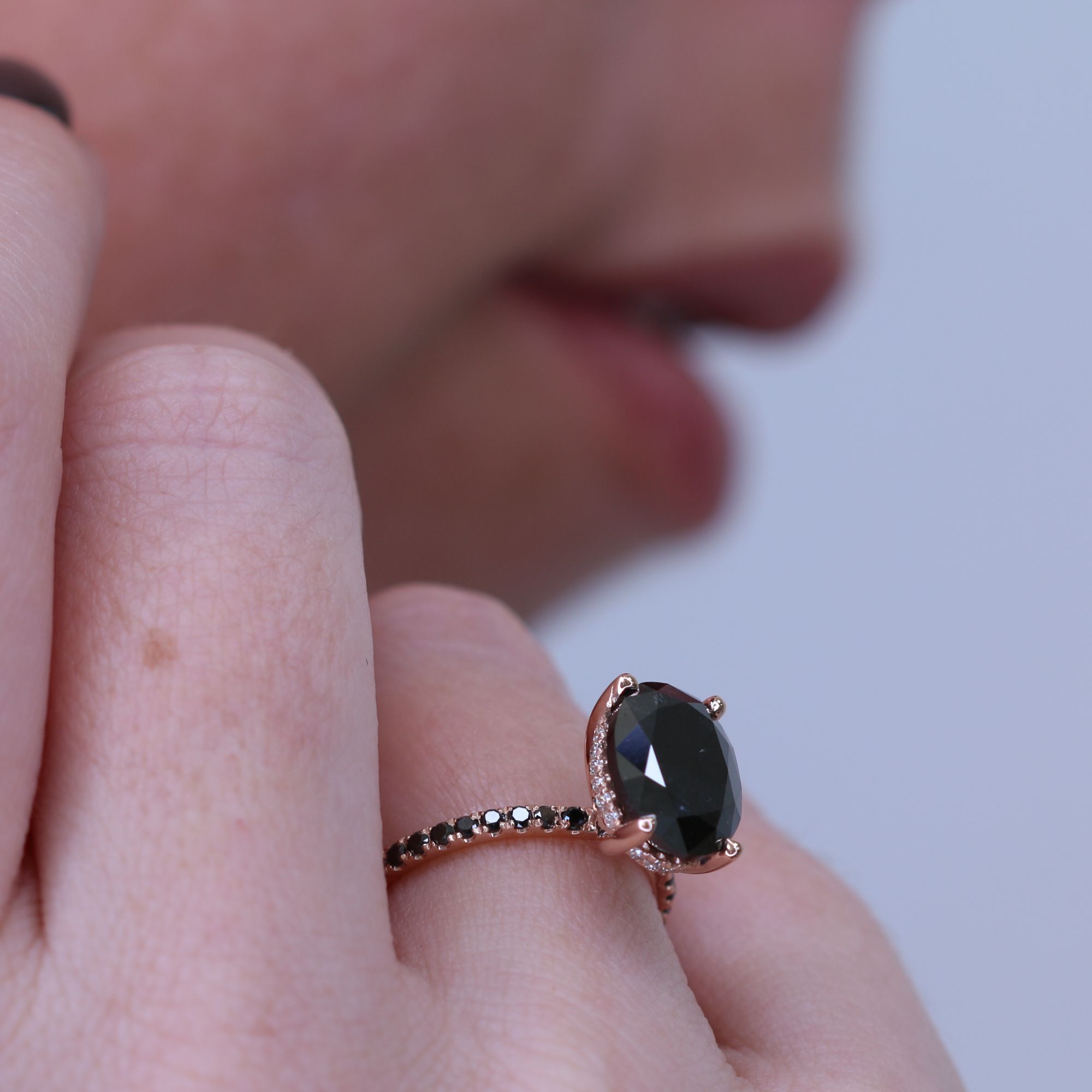 Unique  Natural Black Diamond Oval Engagement Ring