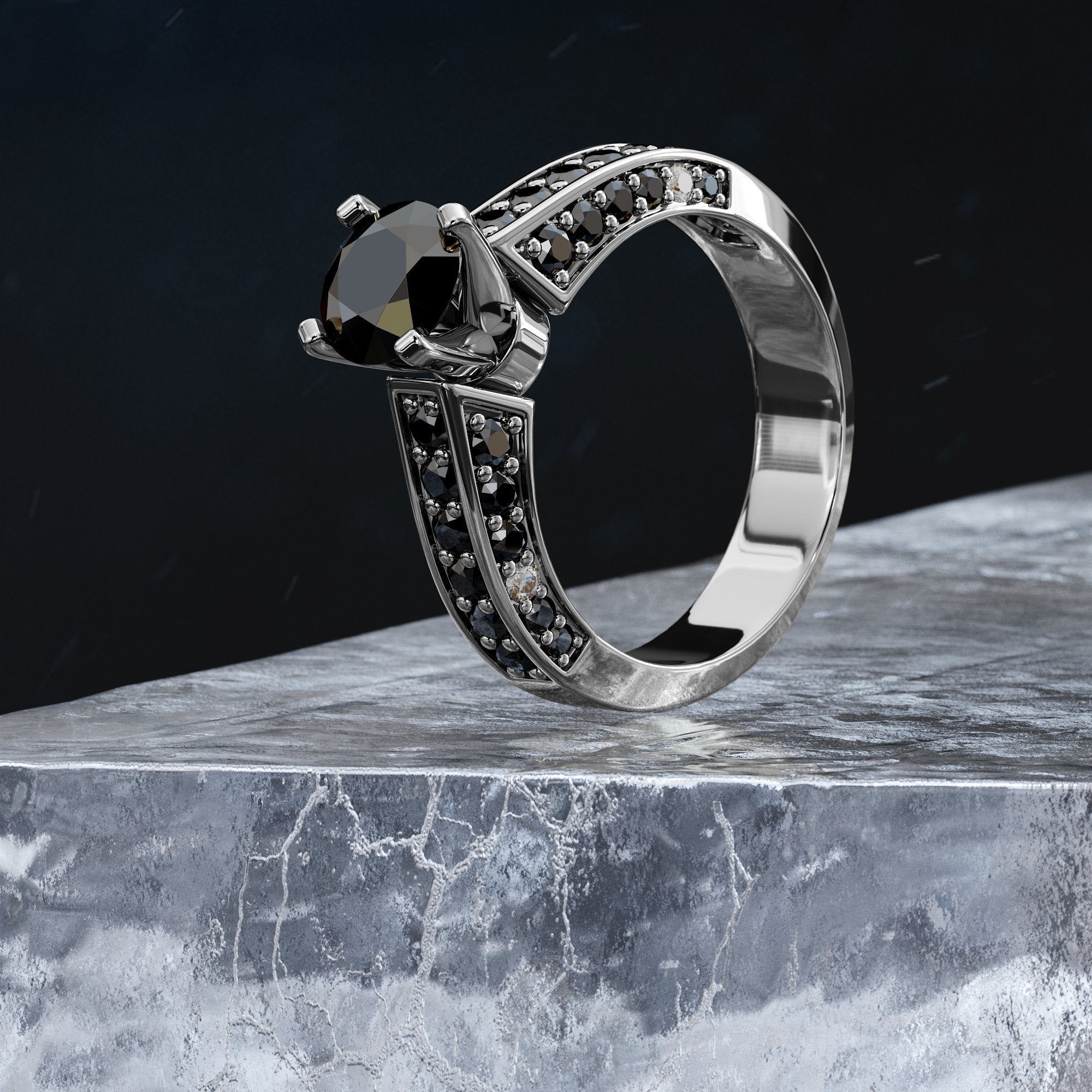 Art Deco Natural Black & White Round Diamond Ring in White Gold