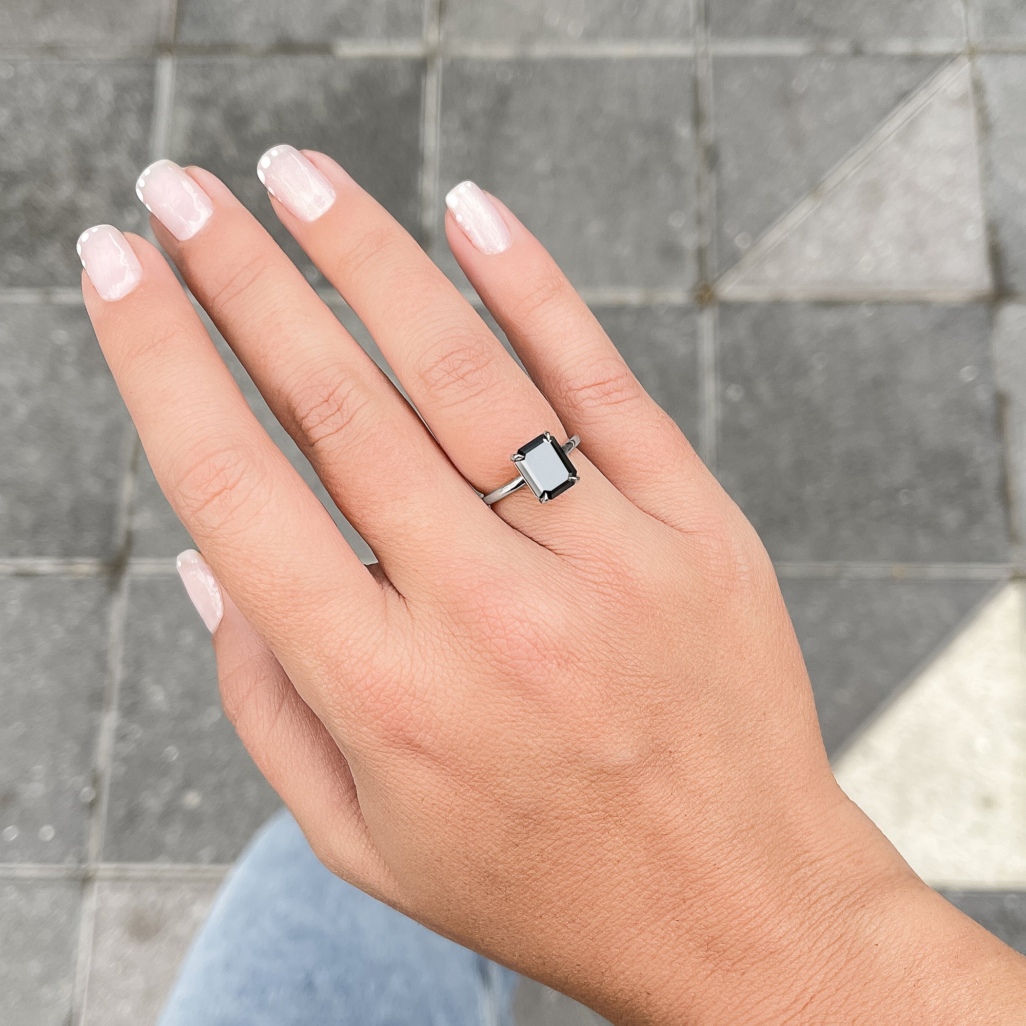 Solitaire  Natural Black Diamond Emerald Cut Engagement Ring