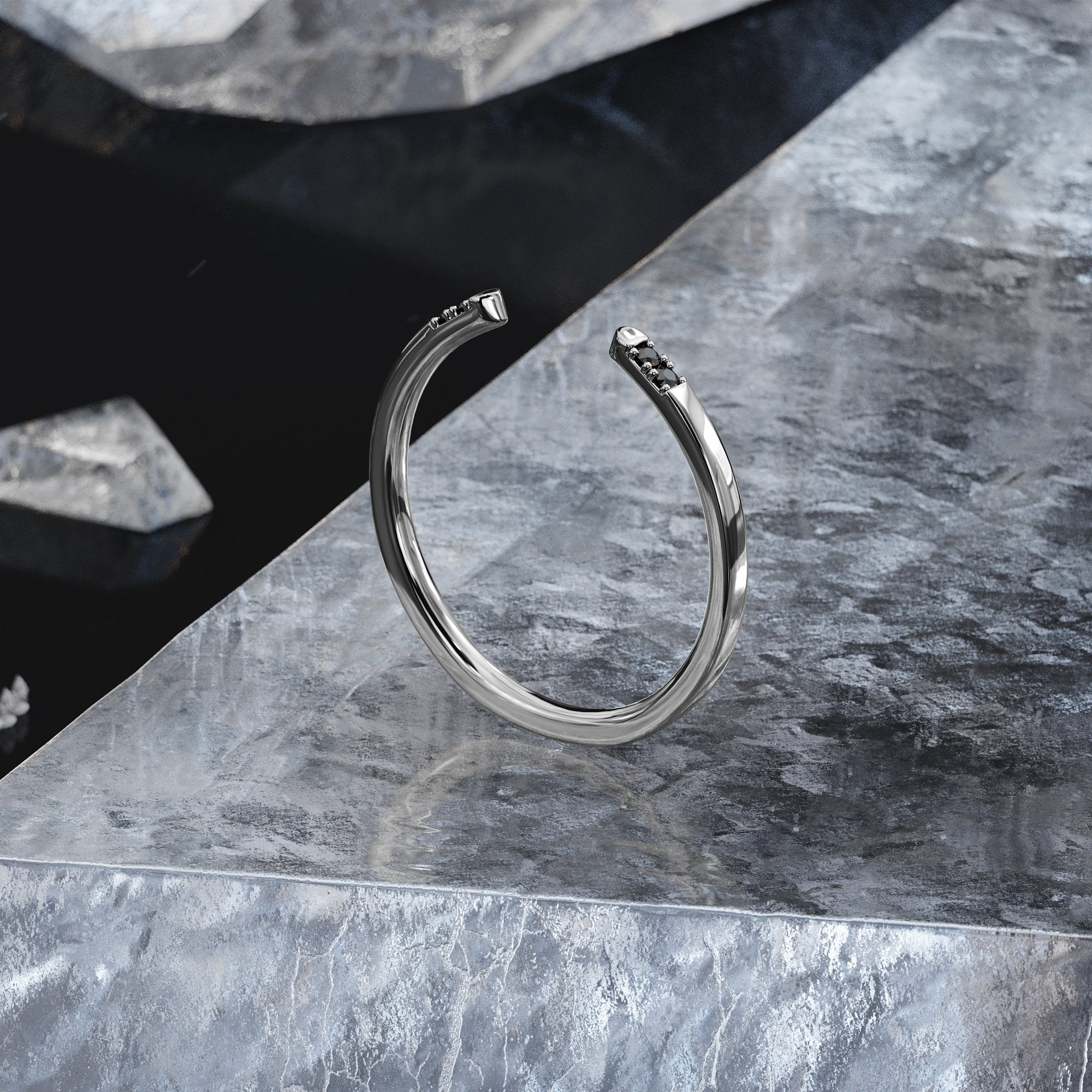 Open Natural Black & White  Diamond Ring in White Gold