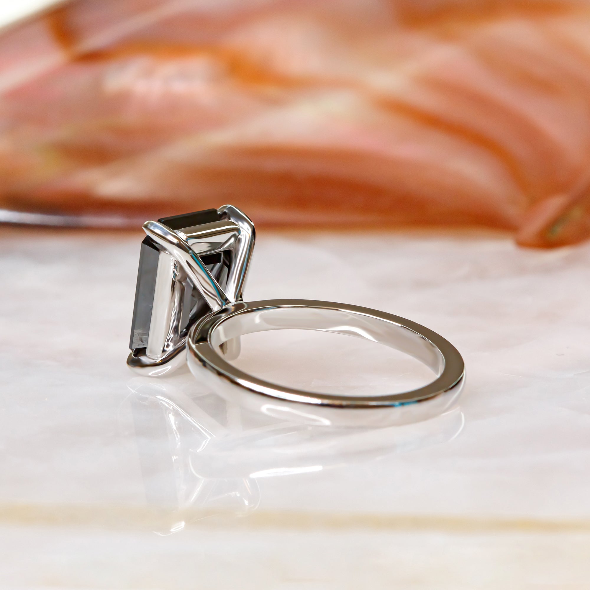 Solitaire  Natural Black Diamond Emerald Cut Engagement Ring