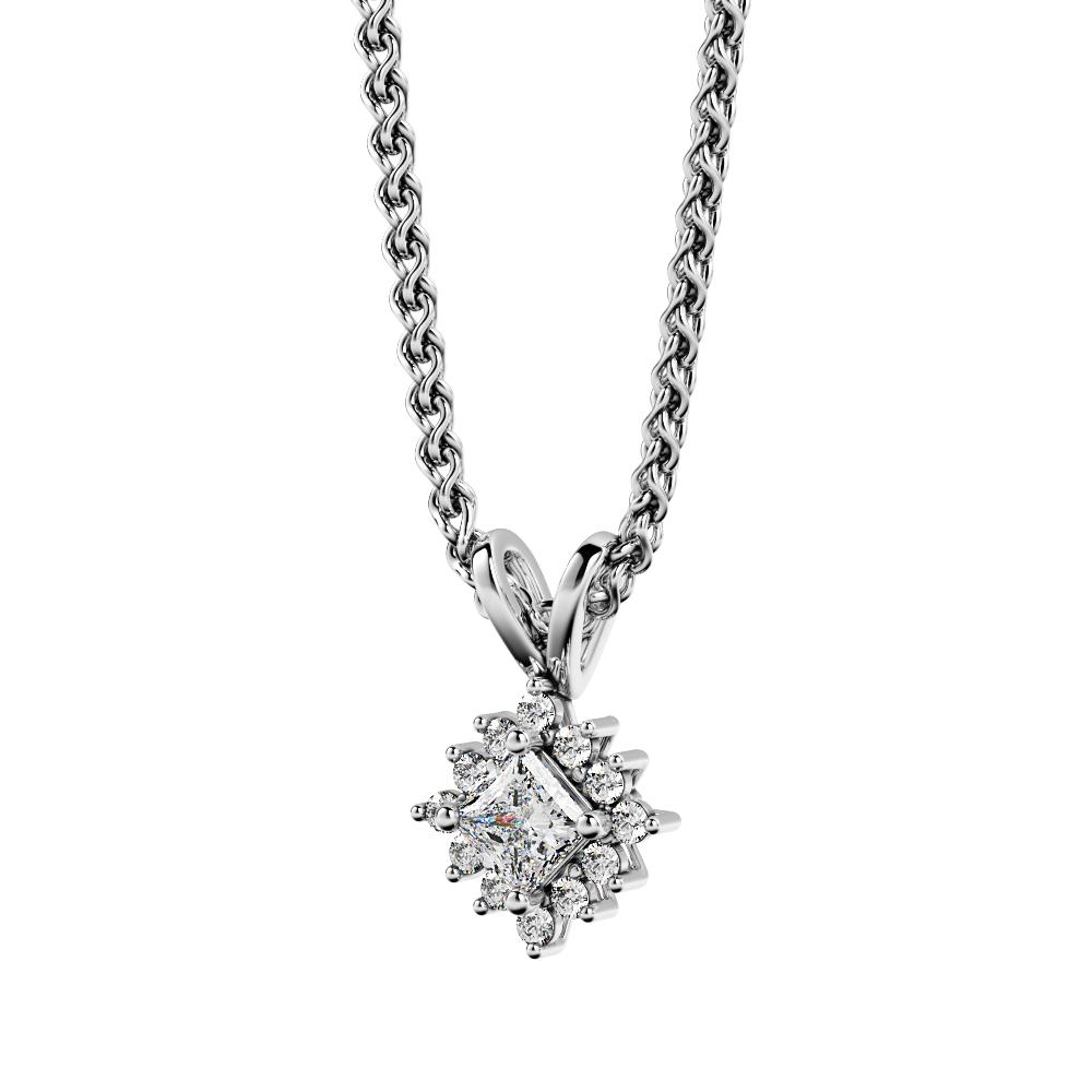 DIagonal Natural Diamond Halo Pendant with a White Necklace