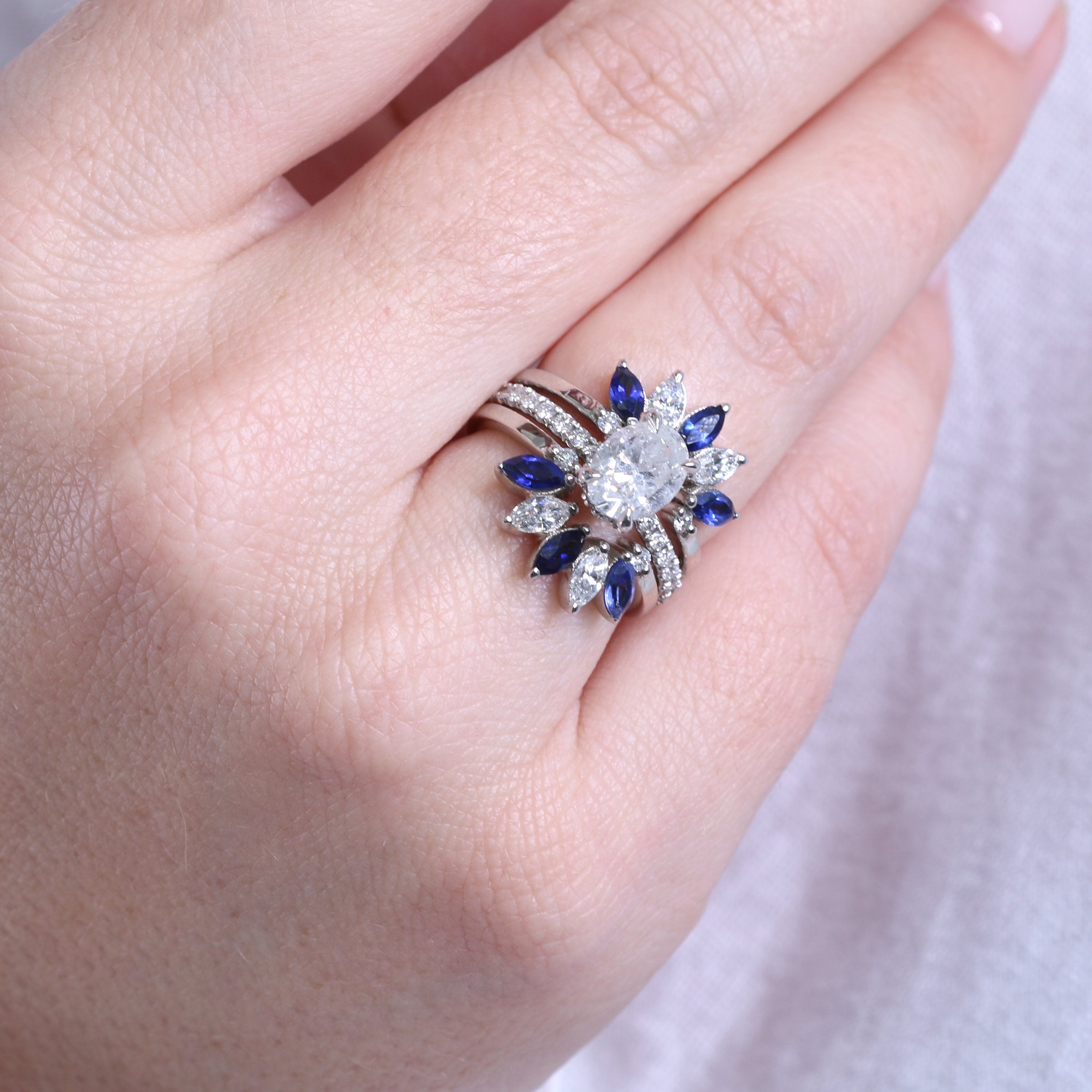 Flower Natural Marquise cut Diamond & Sapphire Wedding Band