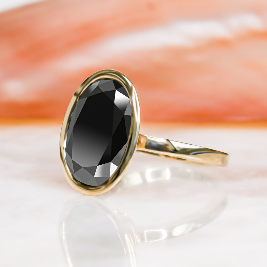 Bezel  Natural Black Diamond Oval Engagement Ring