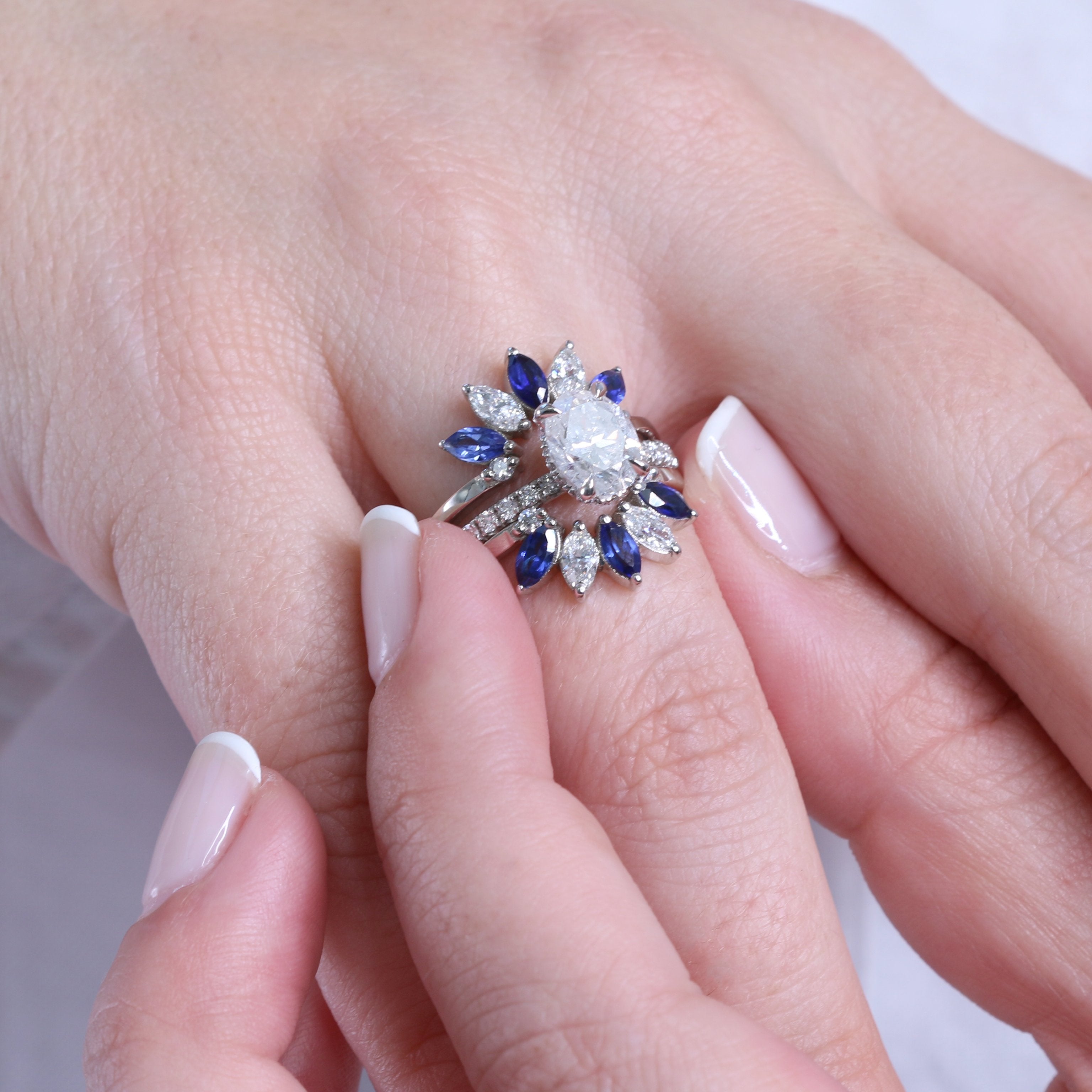 Flower Natural Marquise cut Diamond & Sapphire Wedding Band
