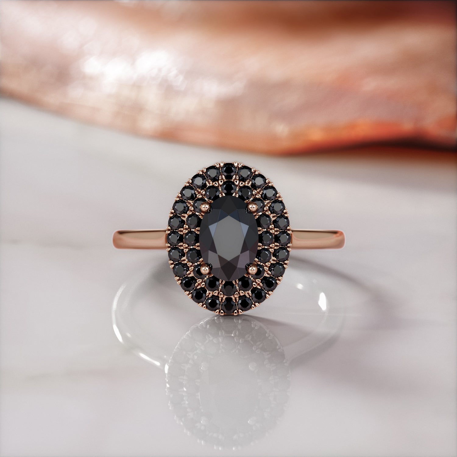 Double Halo Natural Black Diamond Oval Engagement Ring