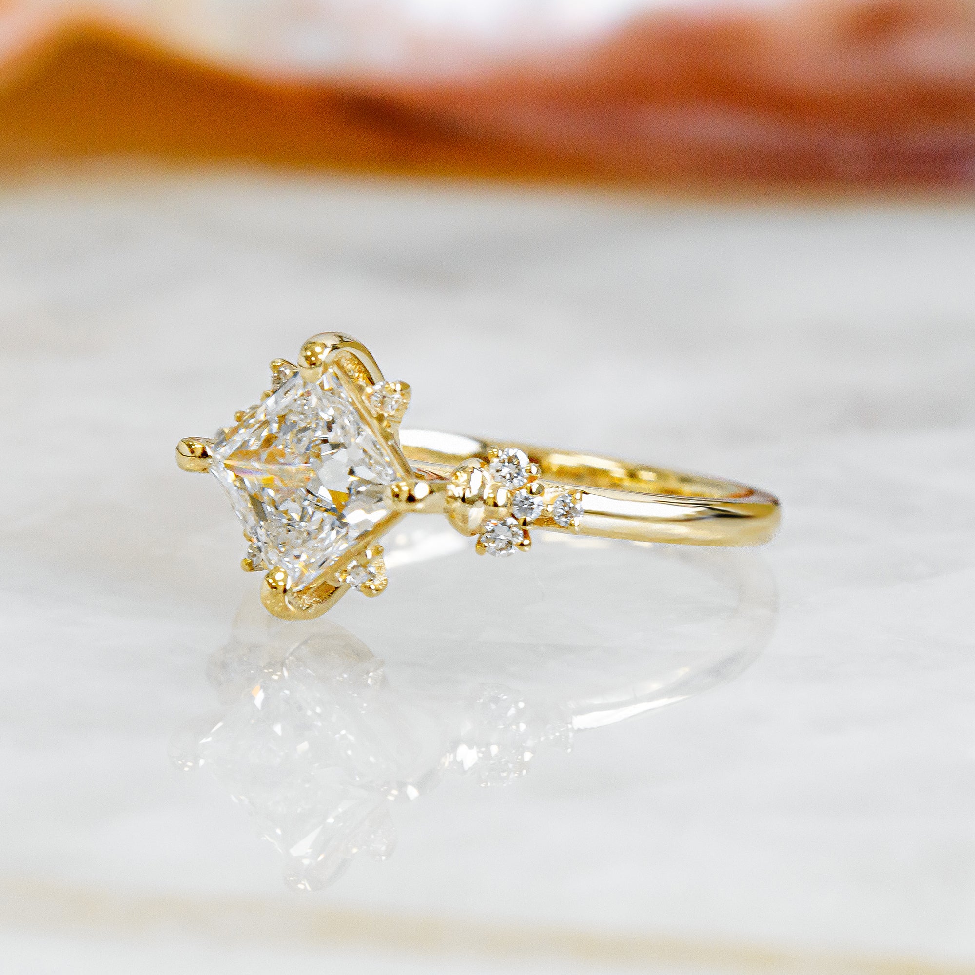 Cluster Natural Princess Cut  Diamond Engagement Ring