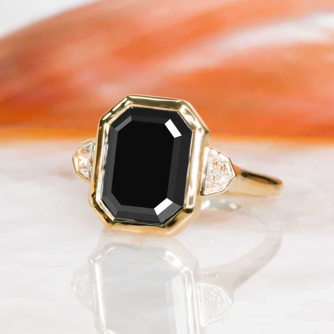 Bezel Natural Black Diamond Emerald Cut Engagement Ring