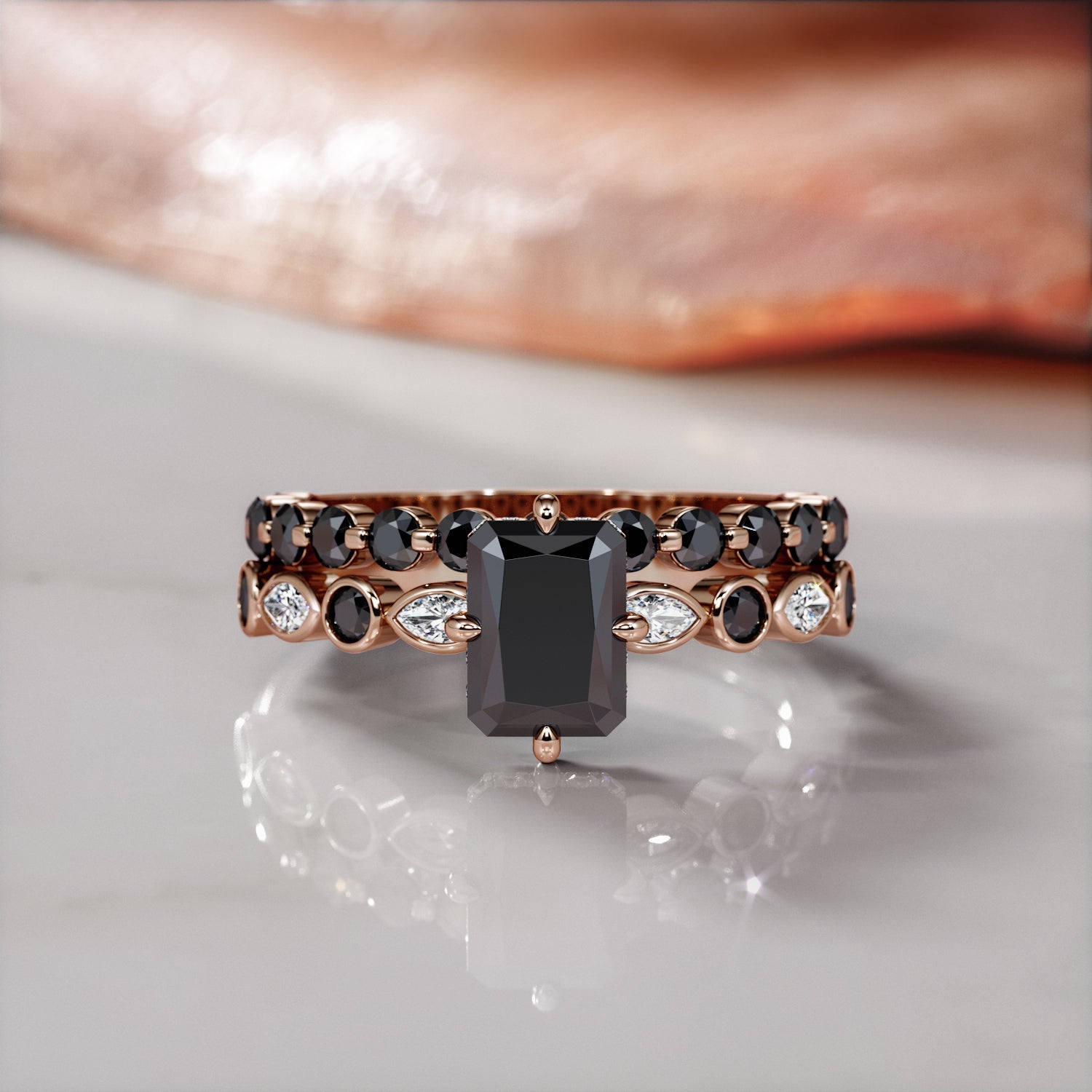 Black & White Natural Diamond Emerald Cut Engagement Ring