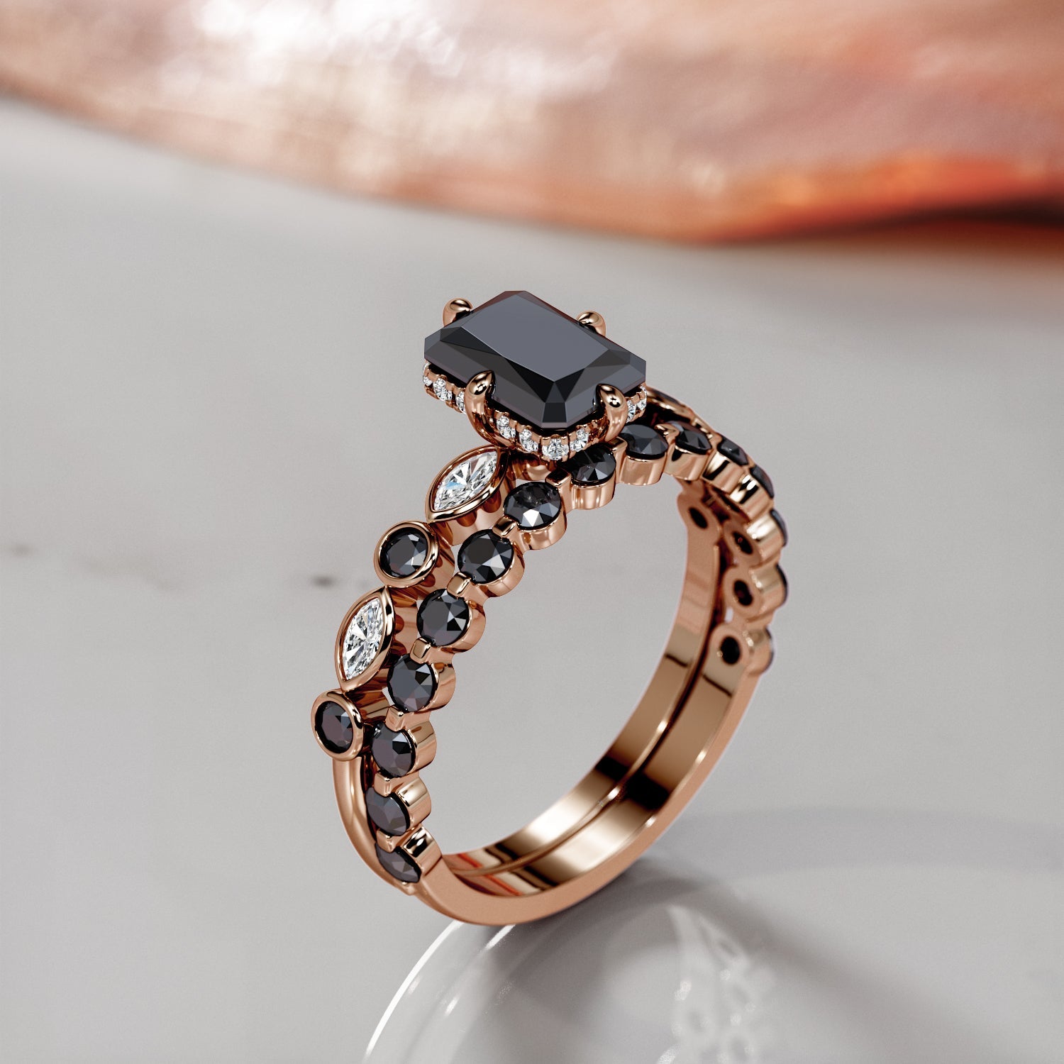 Black & White Natural Diamond Emerald Cut Engagement Ring