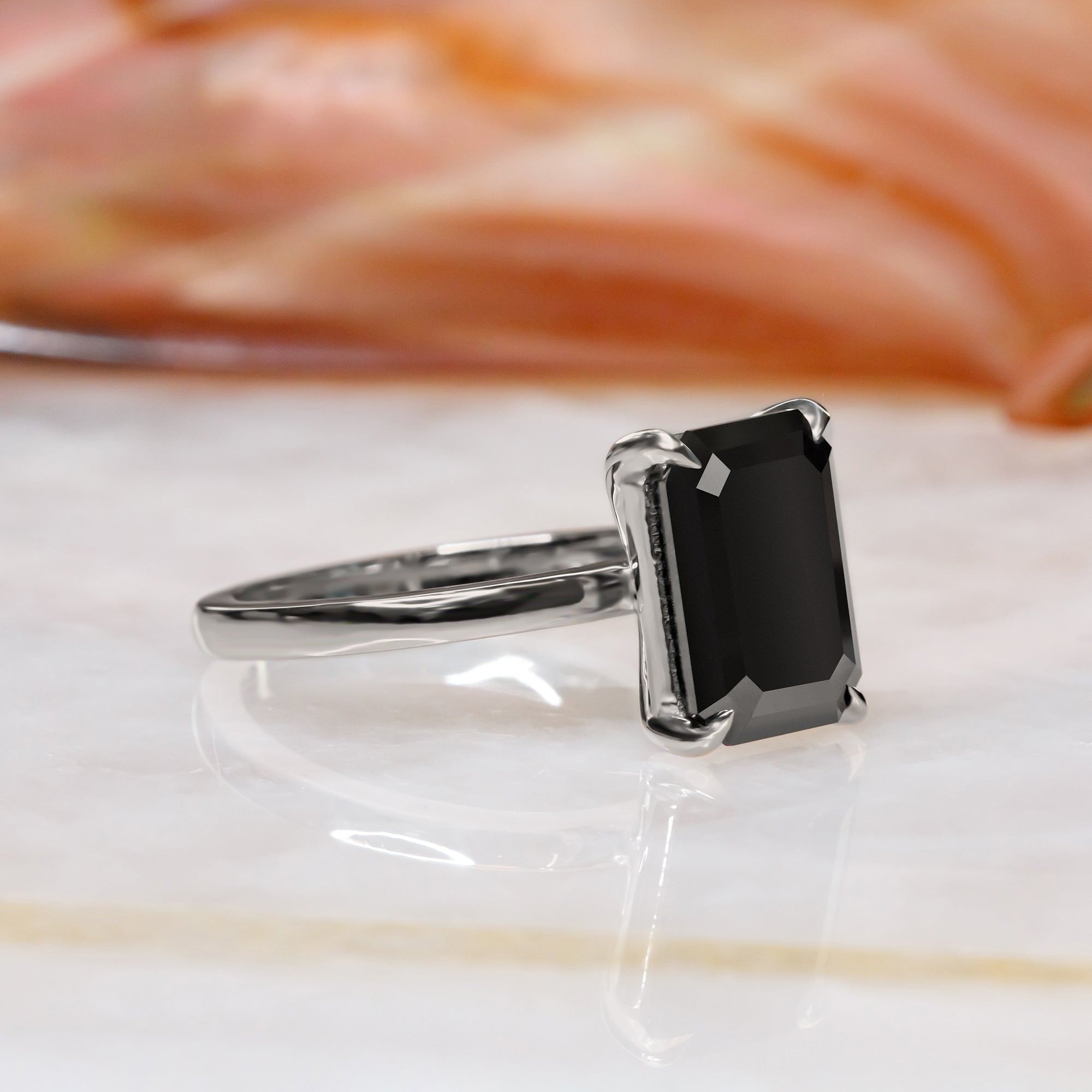 Solitaire  Natural Black Diamond Emerald Cut Engagement Ring