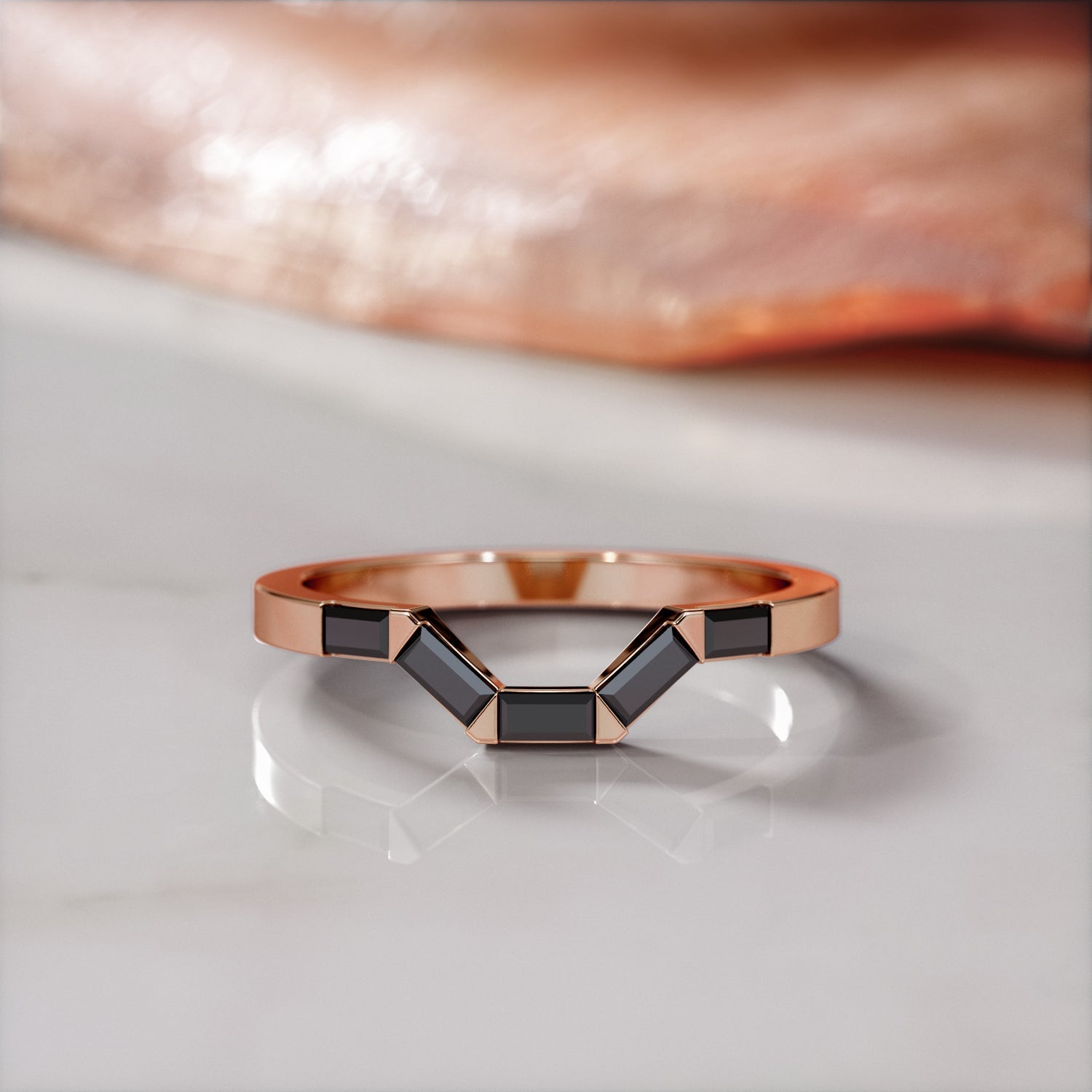 Black Widow - Geometric Wedding Ring with Baguette Cut Natural Black Diamonds