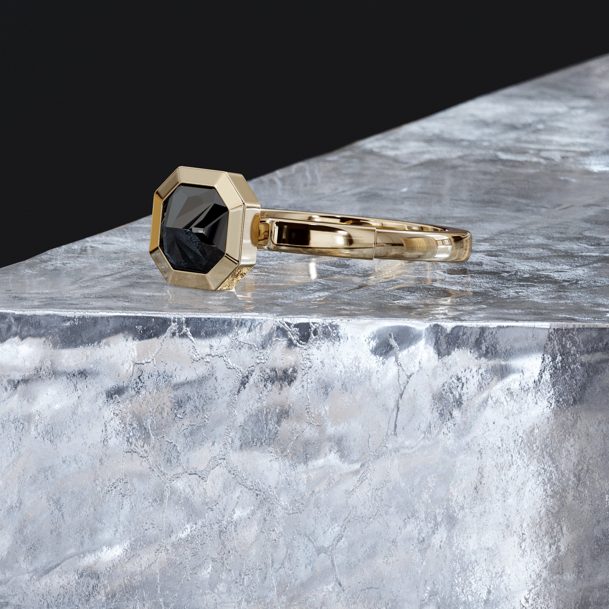 Unique  Natural Black Diamond Emerald Cut Engagement Ring