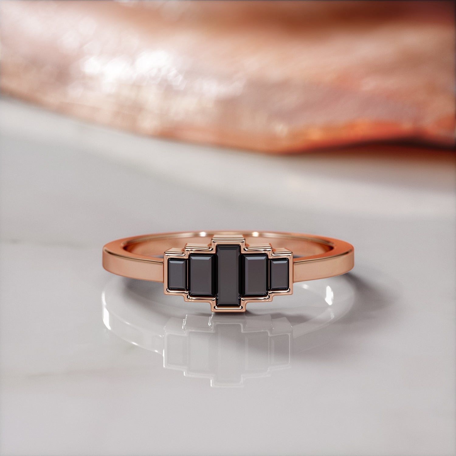 Geometric Natural Black Diamond Ring Set With Baguette Cut Diamonds