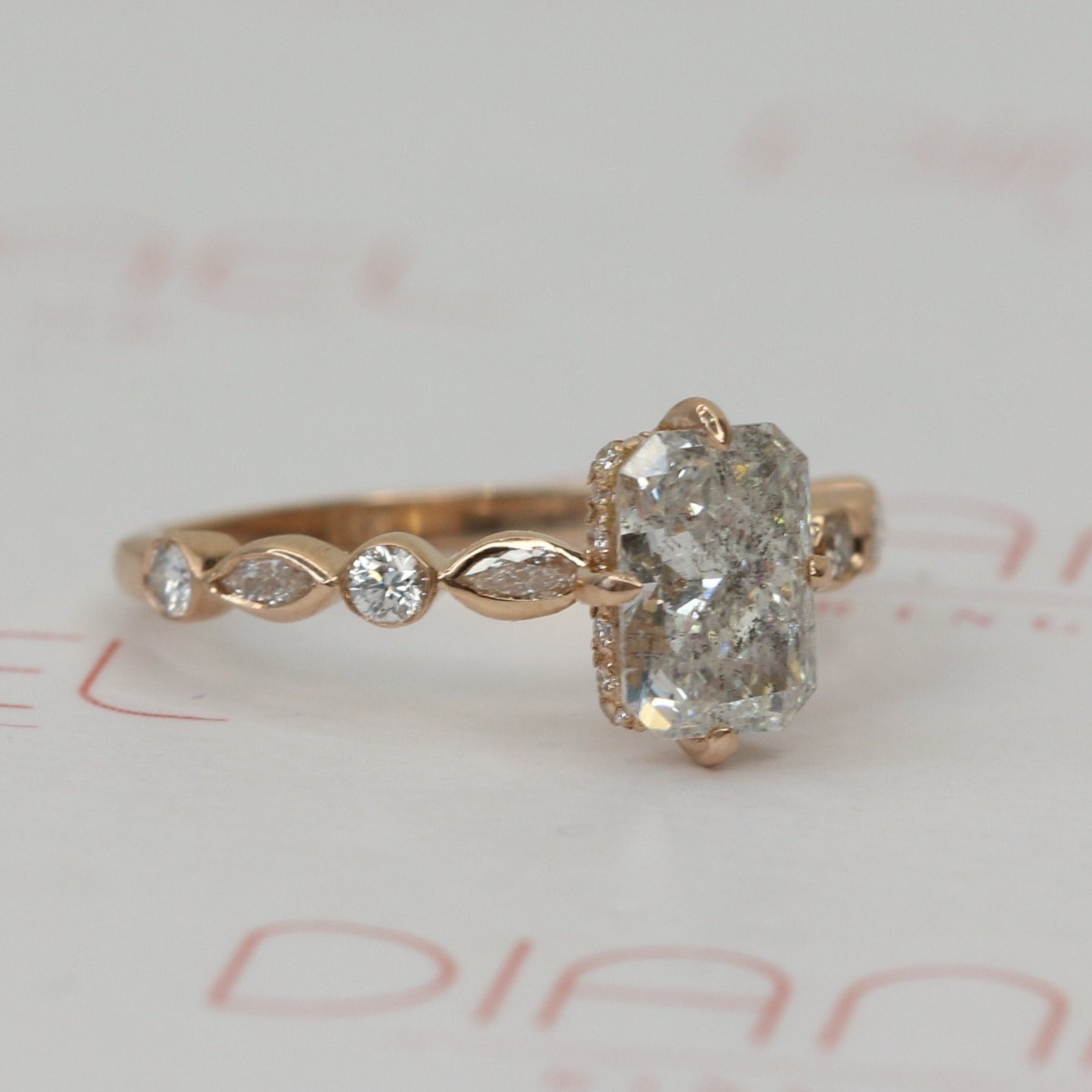 Art Deco Salt & Pepper Natural Radiant  Diamond Engagement Ring