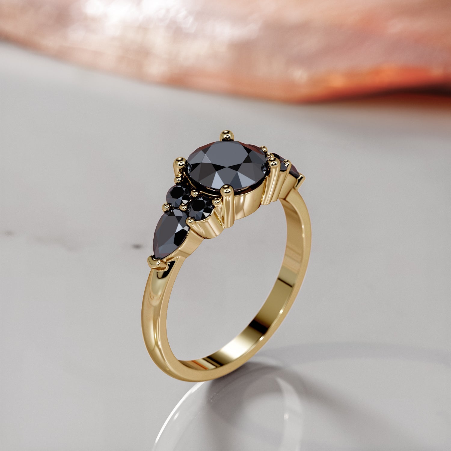 Art Deco 3-stone  Natural Black Diamond Round Engagement Ring